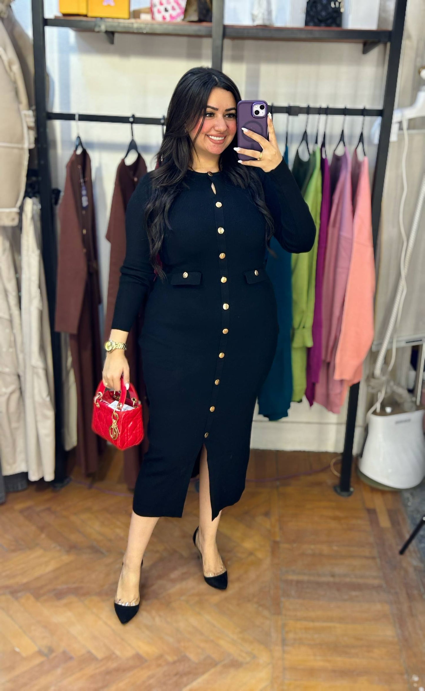 Knit Dress with Decorative Gold Buttons