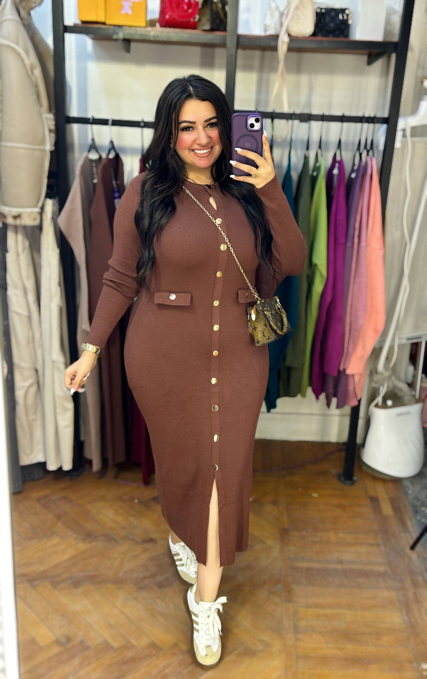 Knit Dress with Decorative Gold Buttons