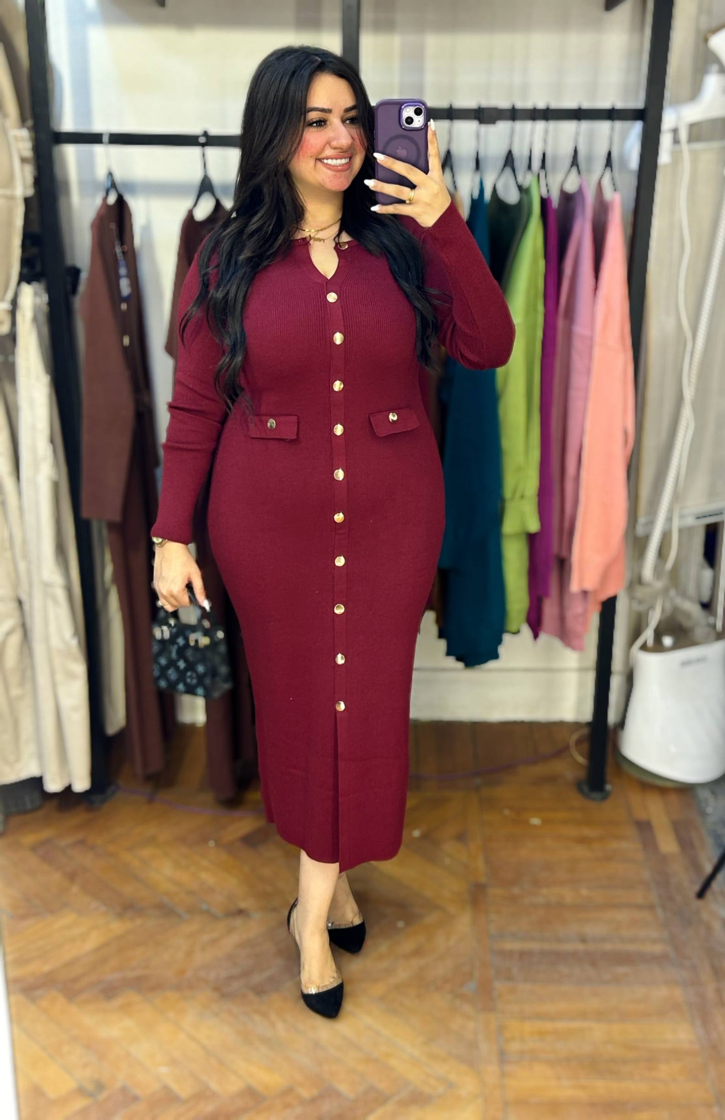 Knit Dress with Decorative Gold Buttons