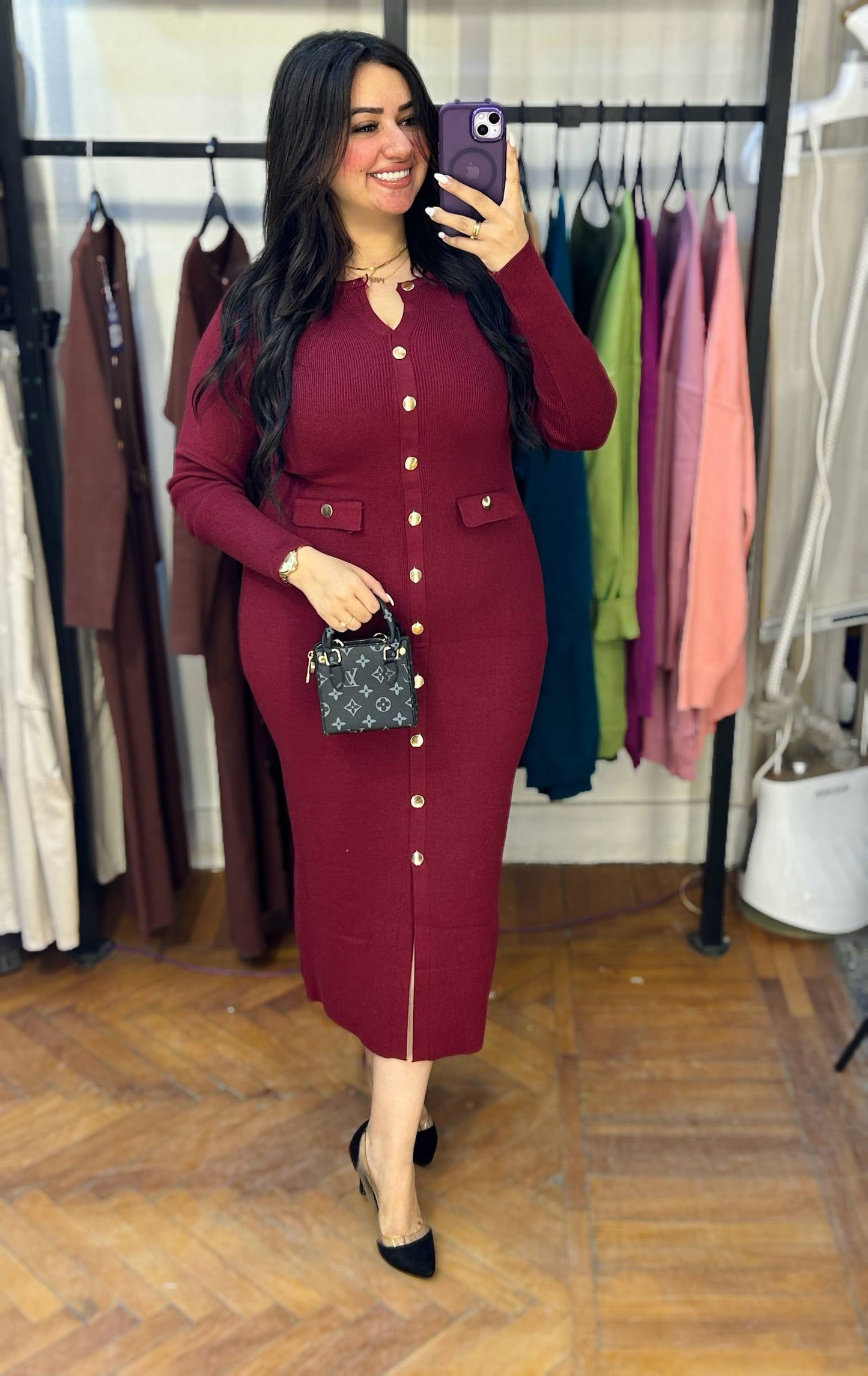 Knit Dress with Decorative Gold Buttons