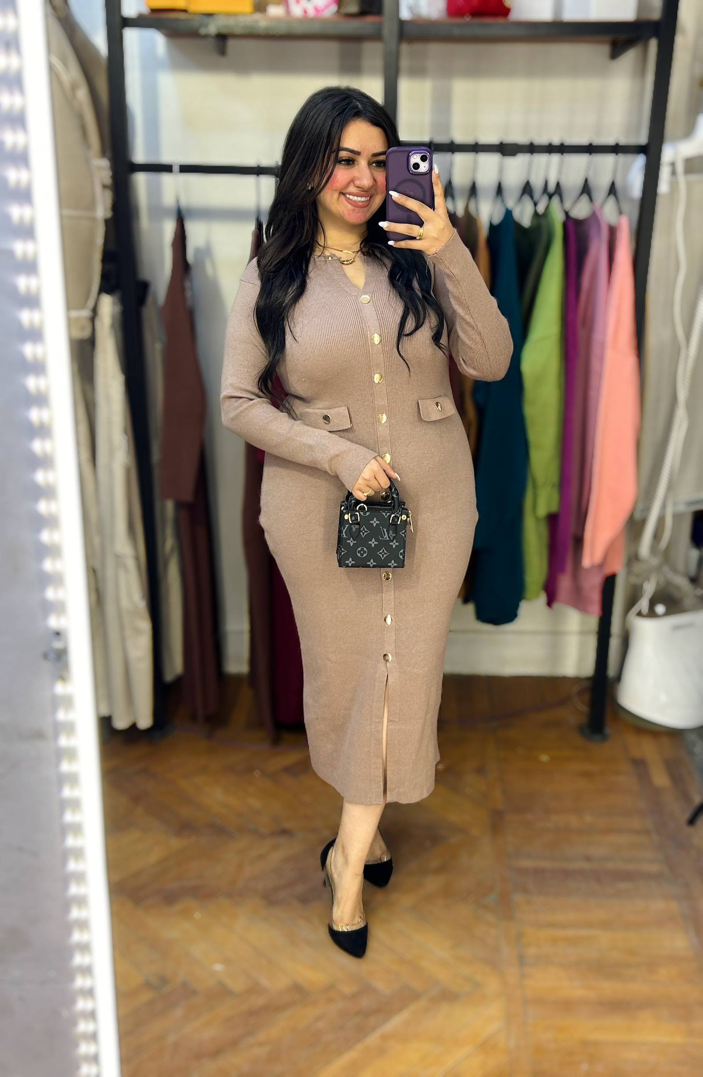 Knit Dress with Decorative Gold Buttons