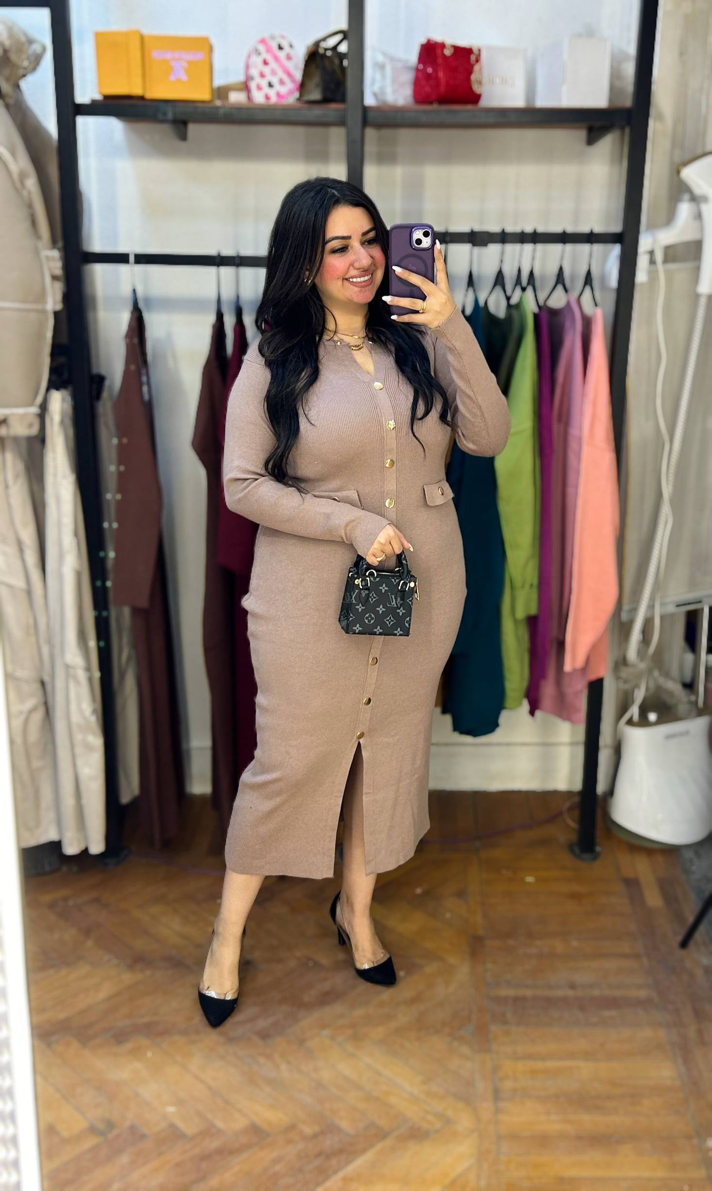 Knit Dress with Decorative Gold Buttons