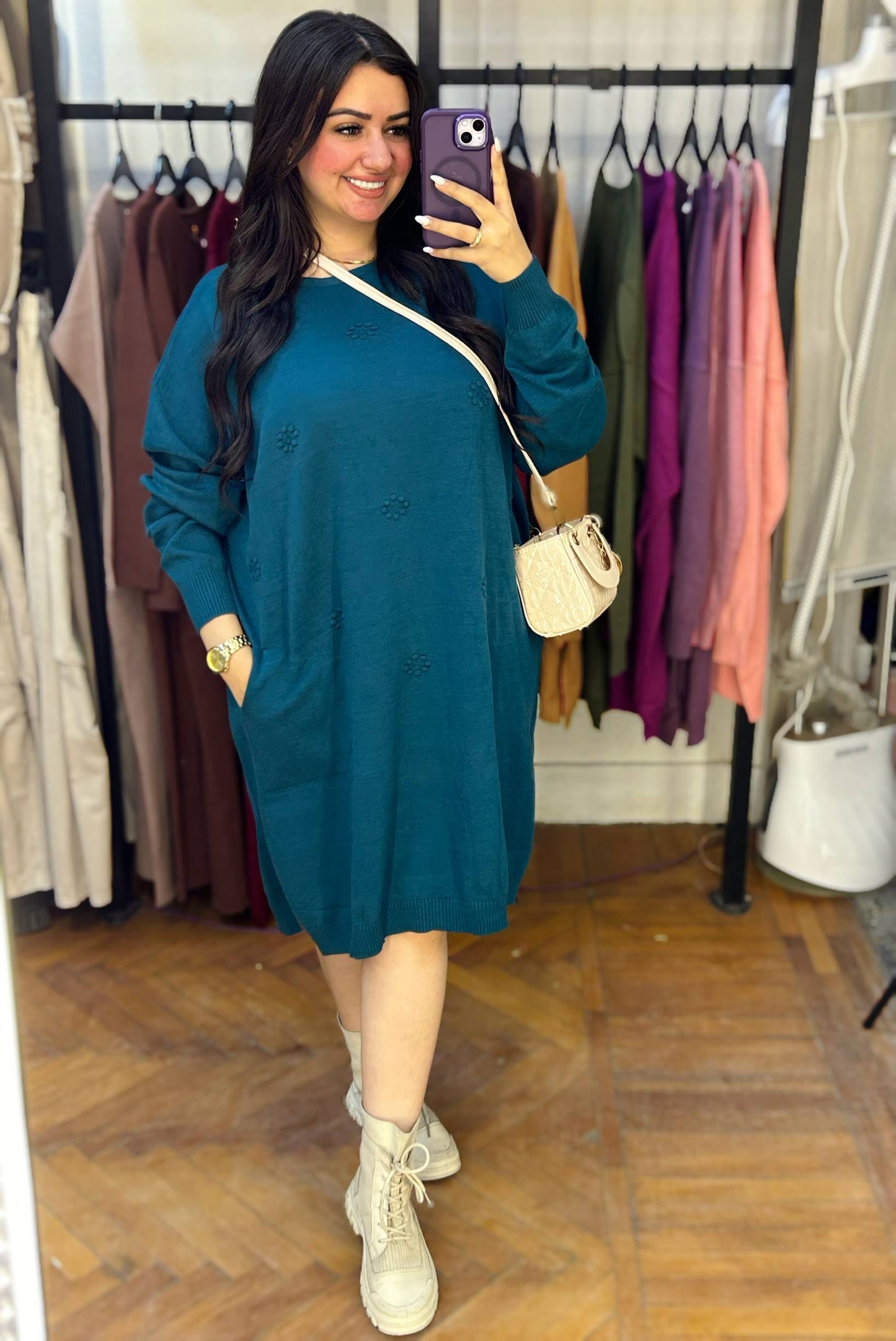 Short Knit Dress with Sculptural 3D Floral Embroidery