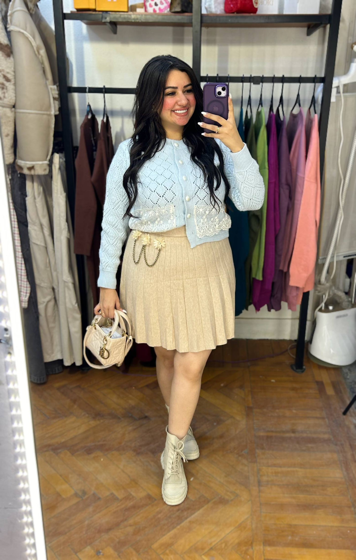 Knitted Sweater with Buttons & Lace Embroidery Hem