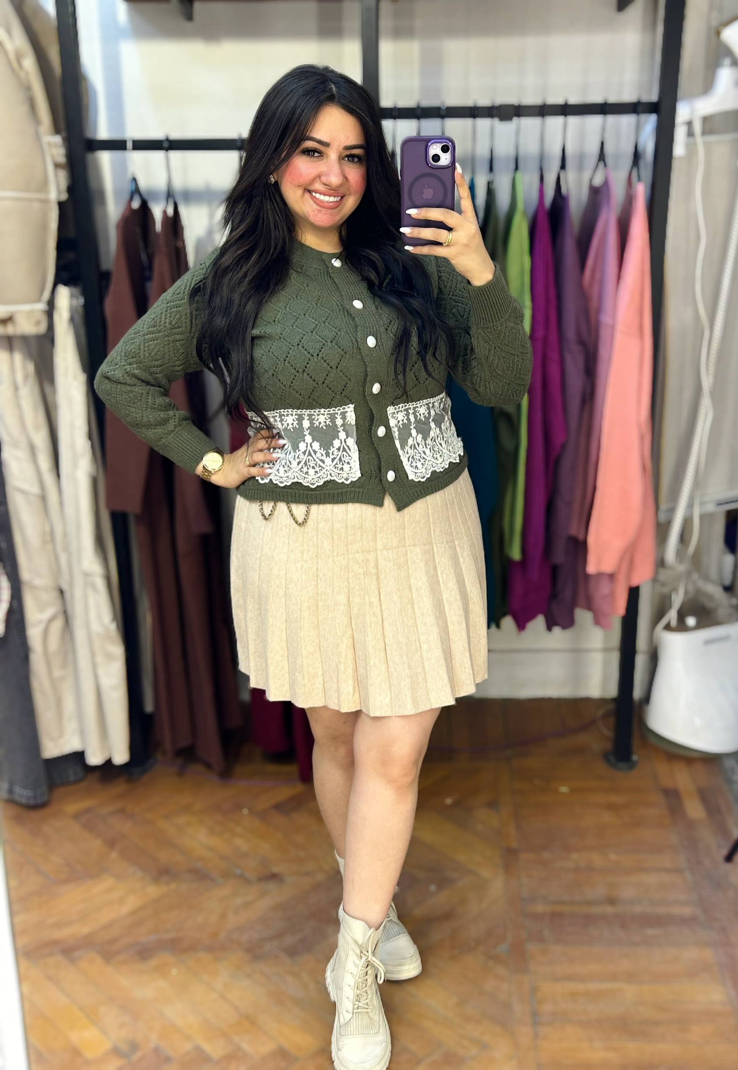 Knitted Sweater with Buttons & Lace Embroidery Hem