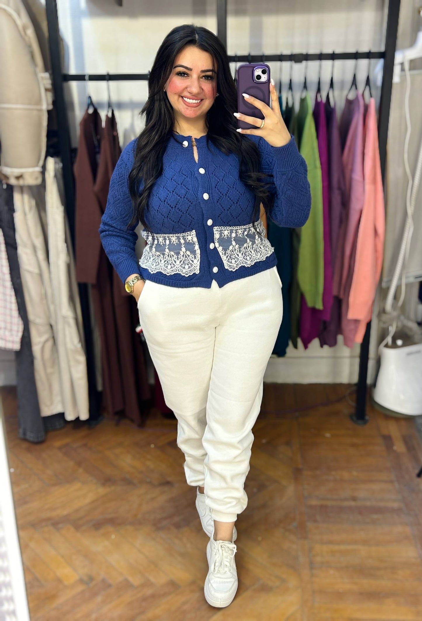 Knitted Sweater with Buttons & Lace Embroidery Hem
