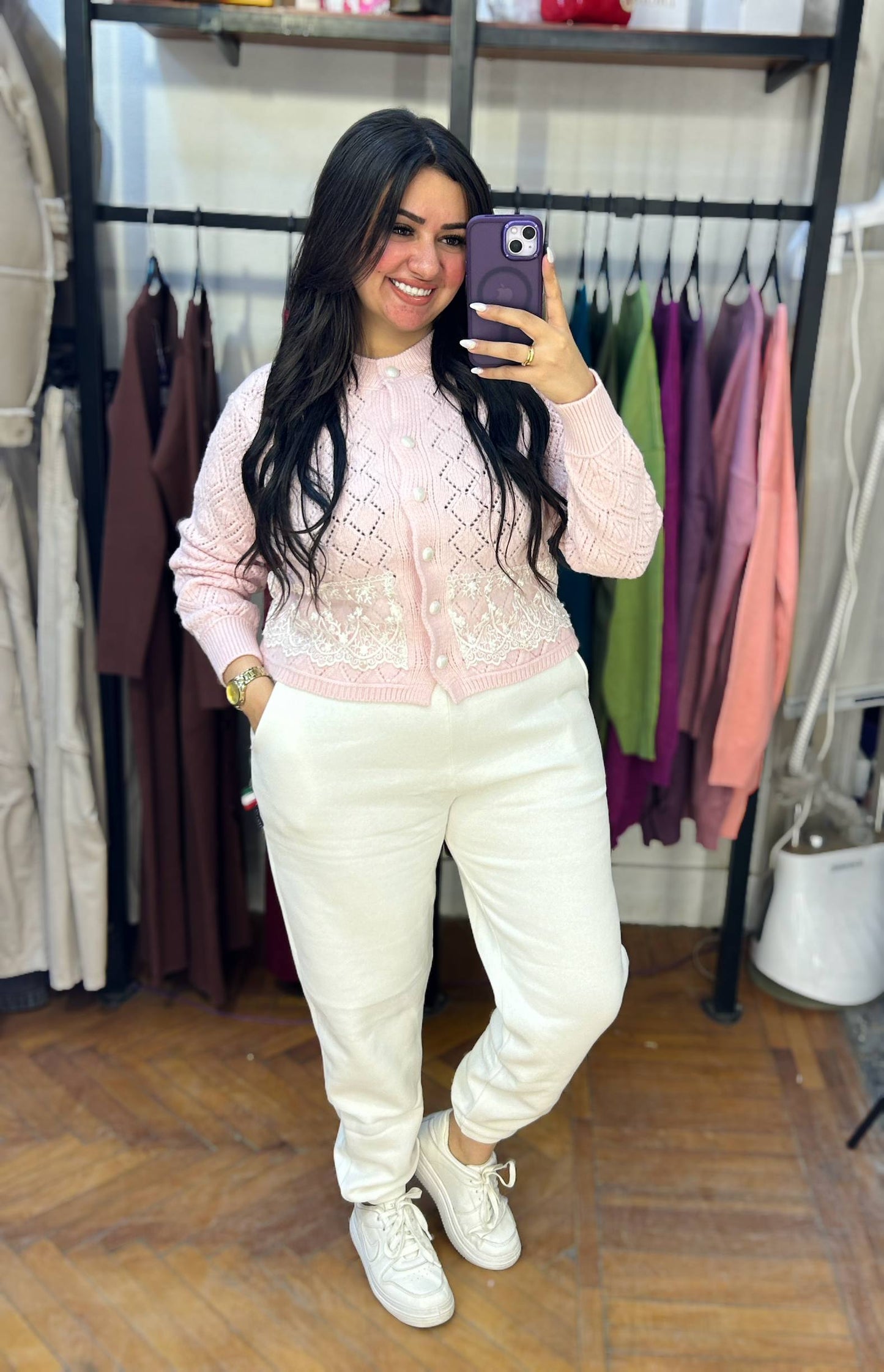 Knitted Sweater with Buttons & Lace Embroidery Hem
