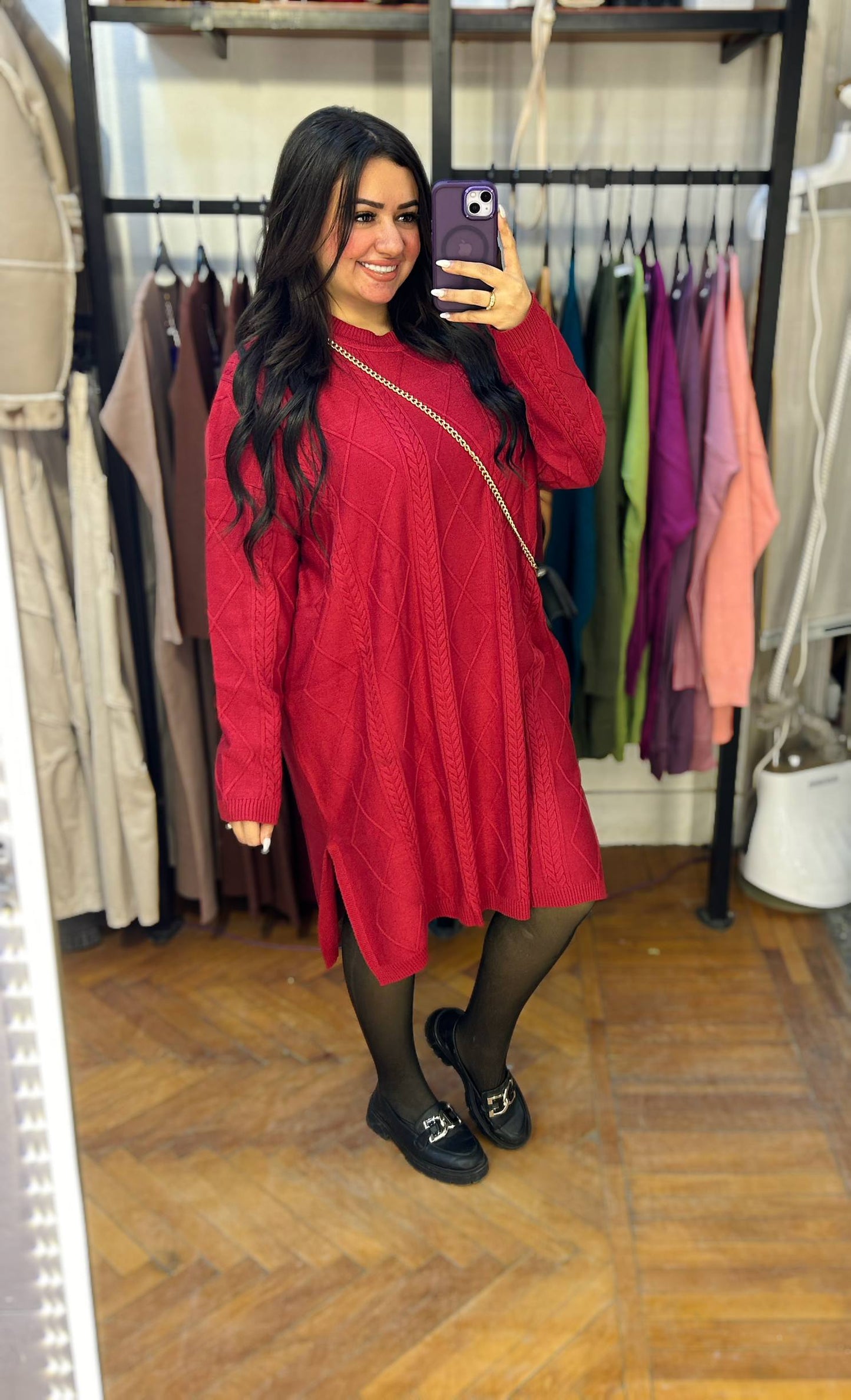 Chic Short Knit Dress with Intricate Cable-Knit Embroidery