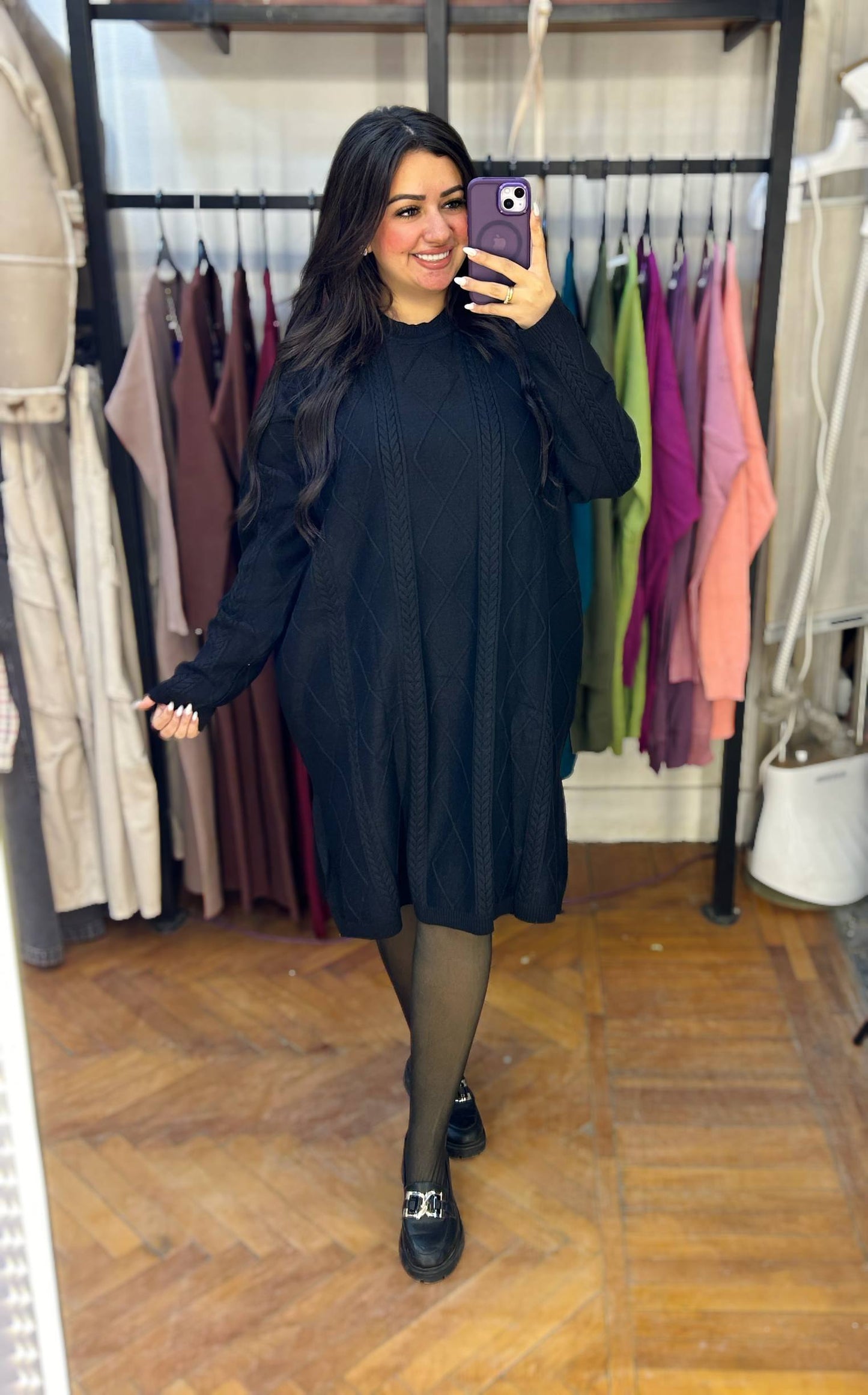 Chic Short Knit Dress with Intricate Cable-Knit Embroidery