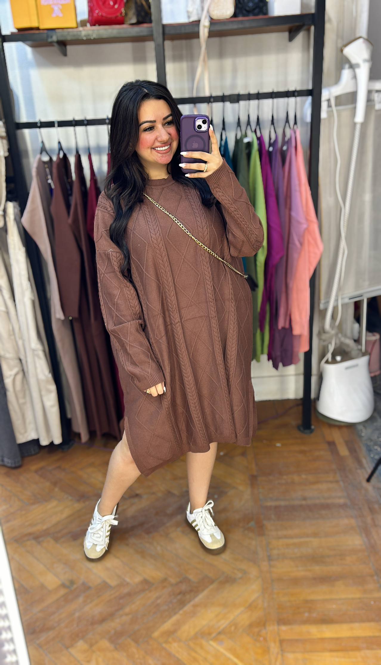 Chic Short Knit Dress with Intricate Cable-Knit Embroidery