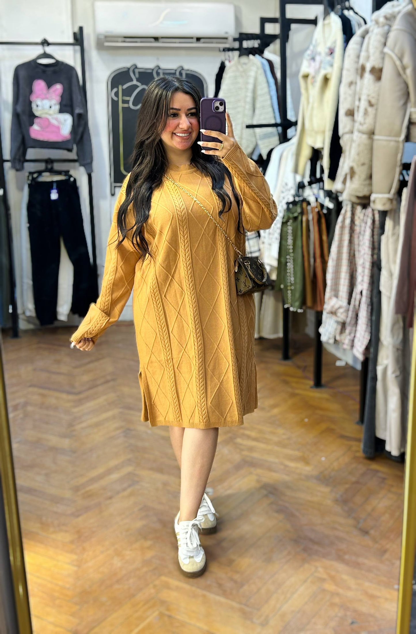 Chic Short Knit Dress with Intricate Cable-Knit Embroidery