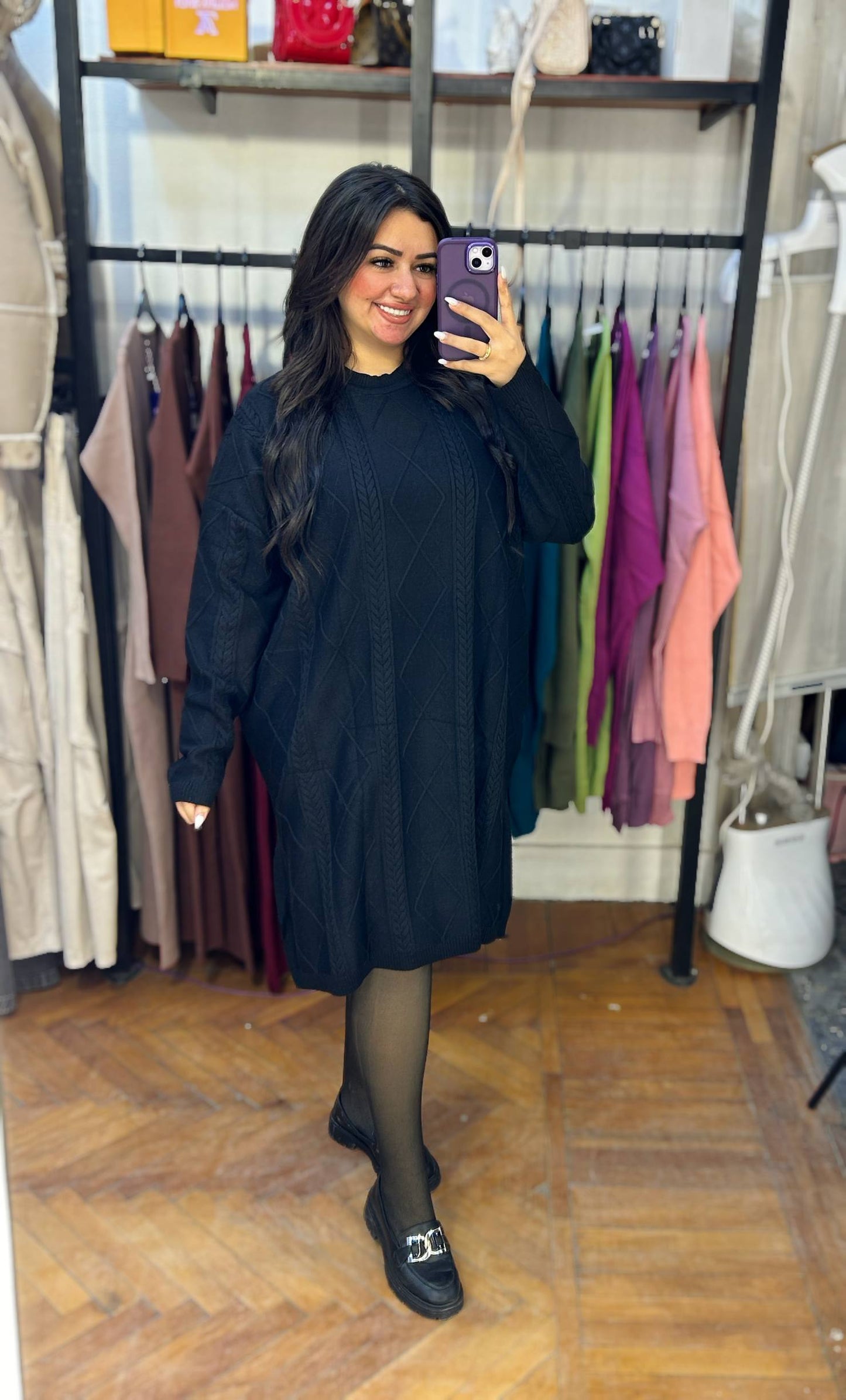 Chic Short Knit Dress with Intricate Cable-Knit Embroidery