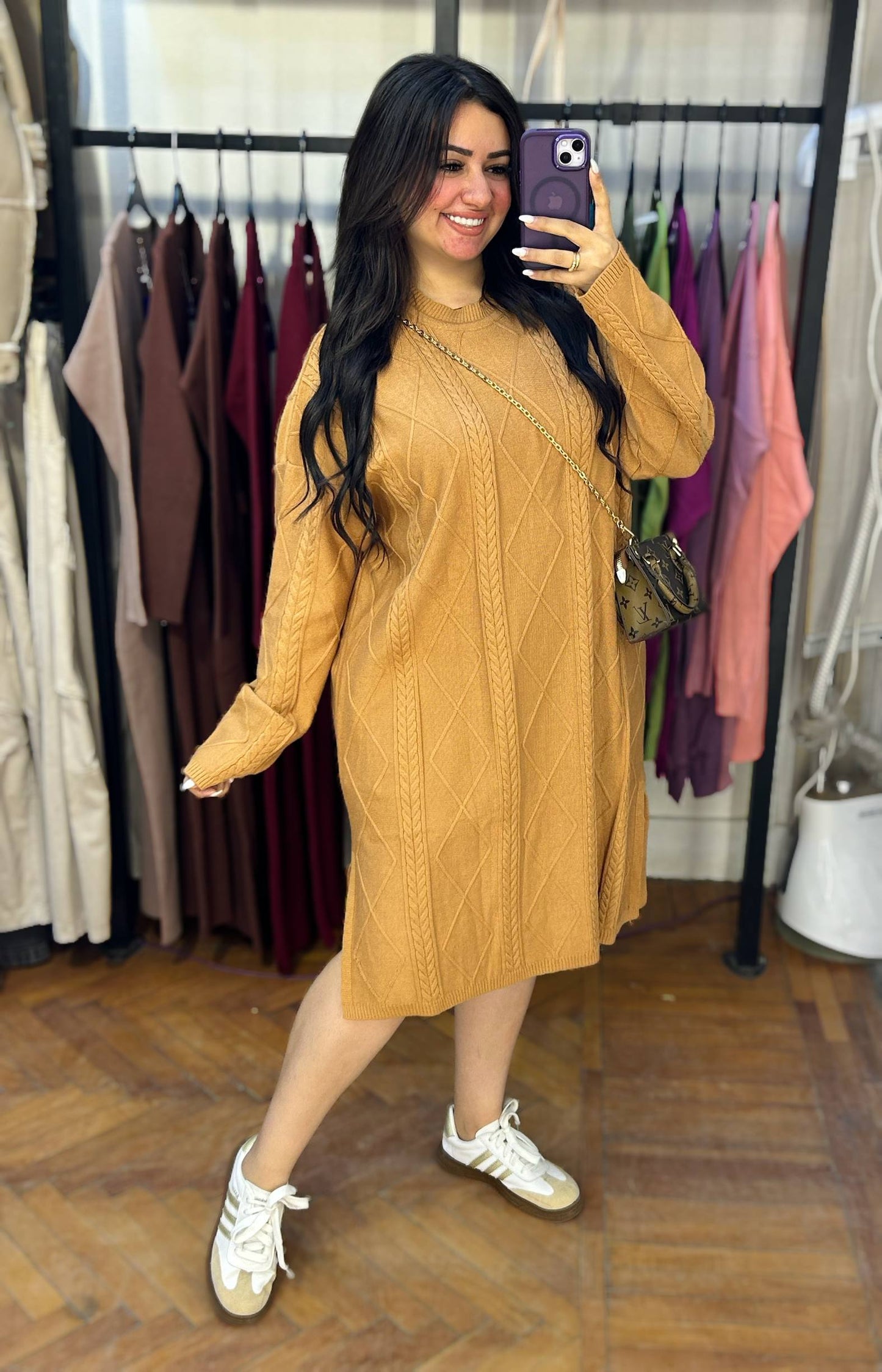 Chic Short Knit Dress with Intricate Cable-Knit Embroidery