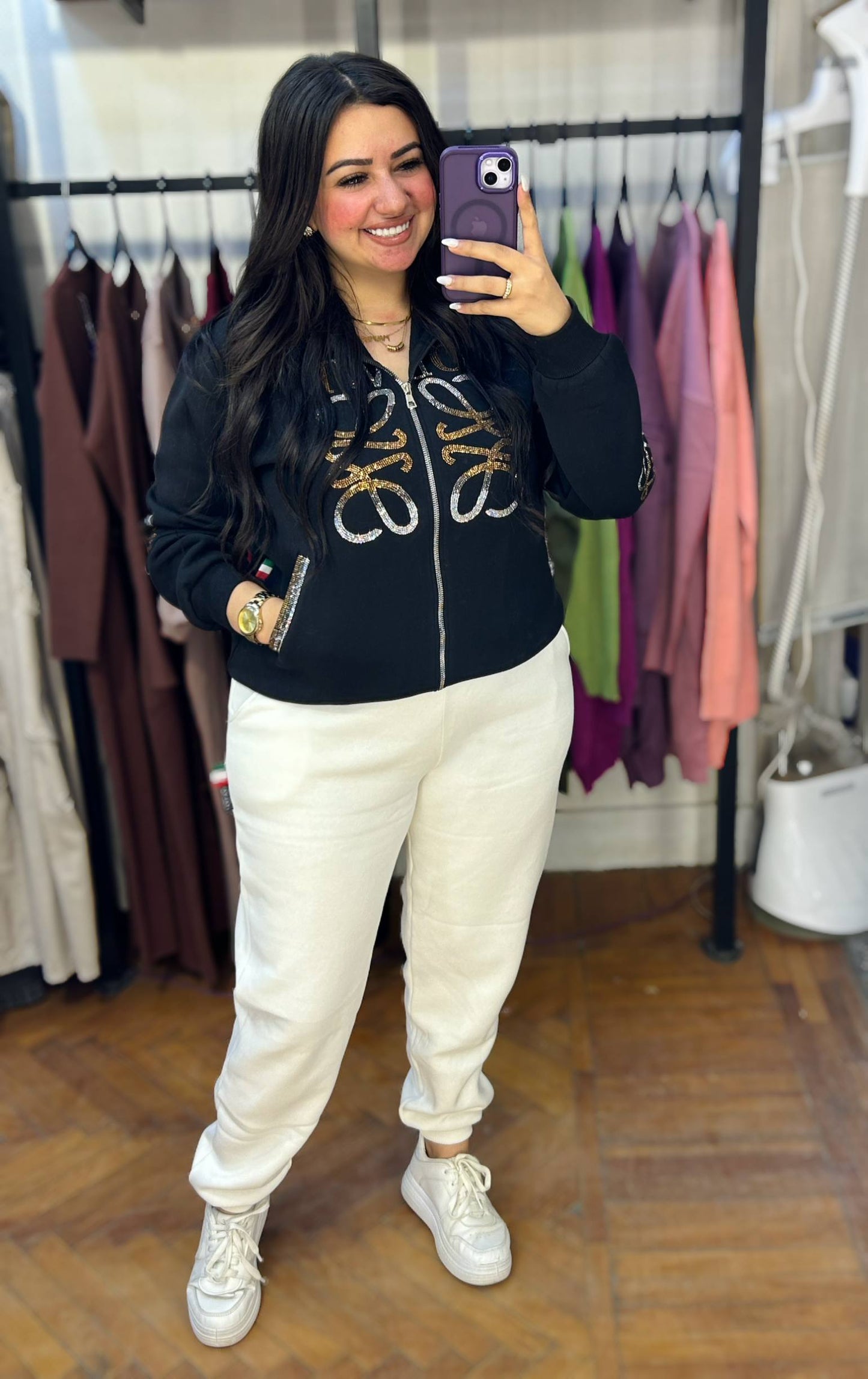 Zip-Up Jacket with Sparkling Front Embellishment