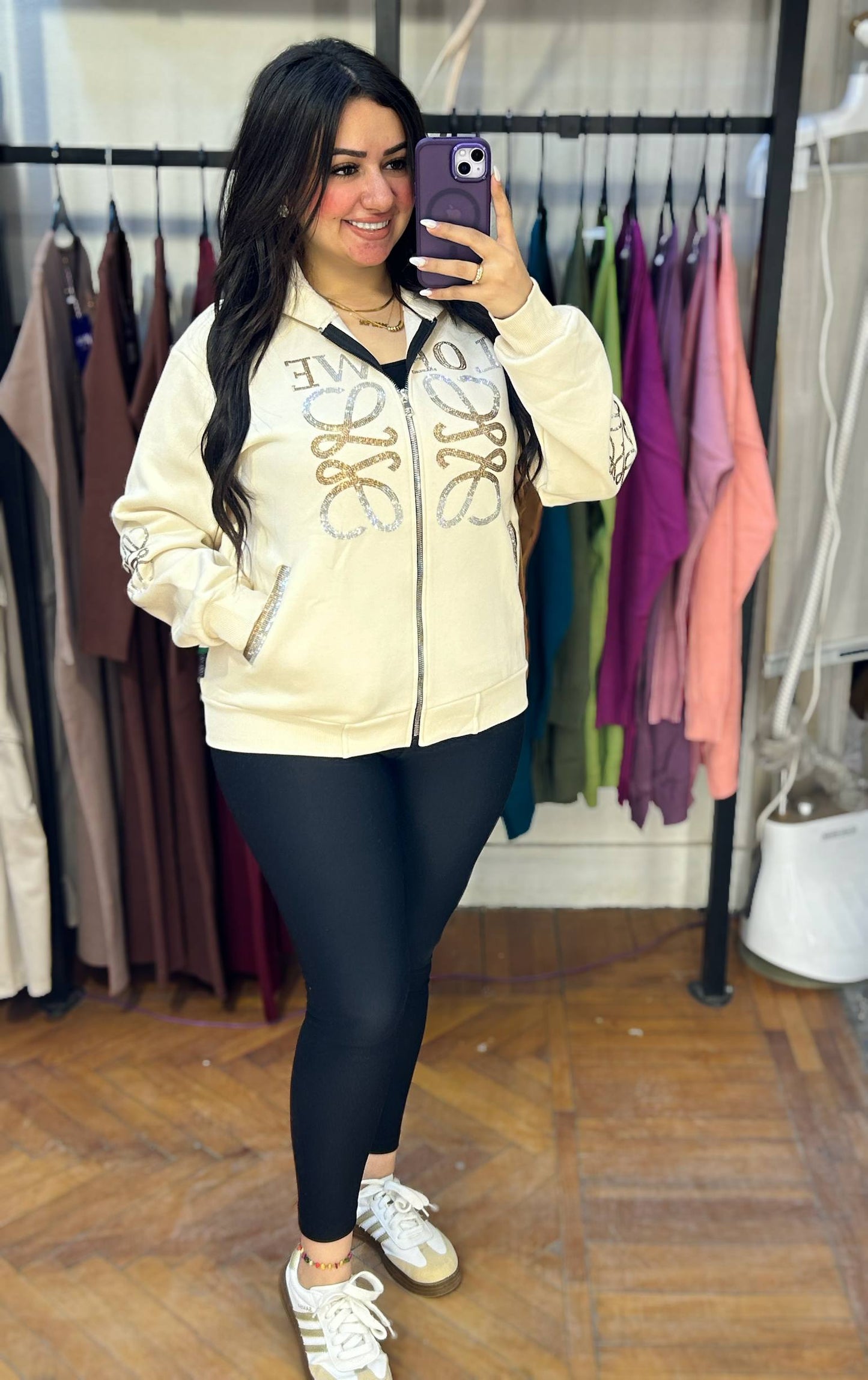 Zip-Up Jacket with Sparkling Front Embellishment