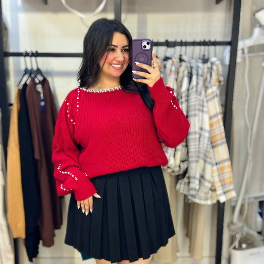 Stylish Knit Top with Stud Embellishments on Neck and Sleeves