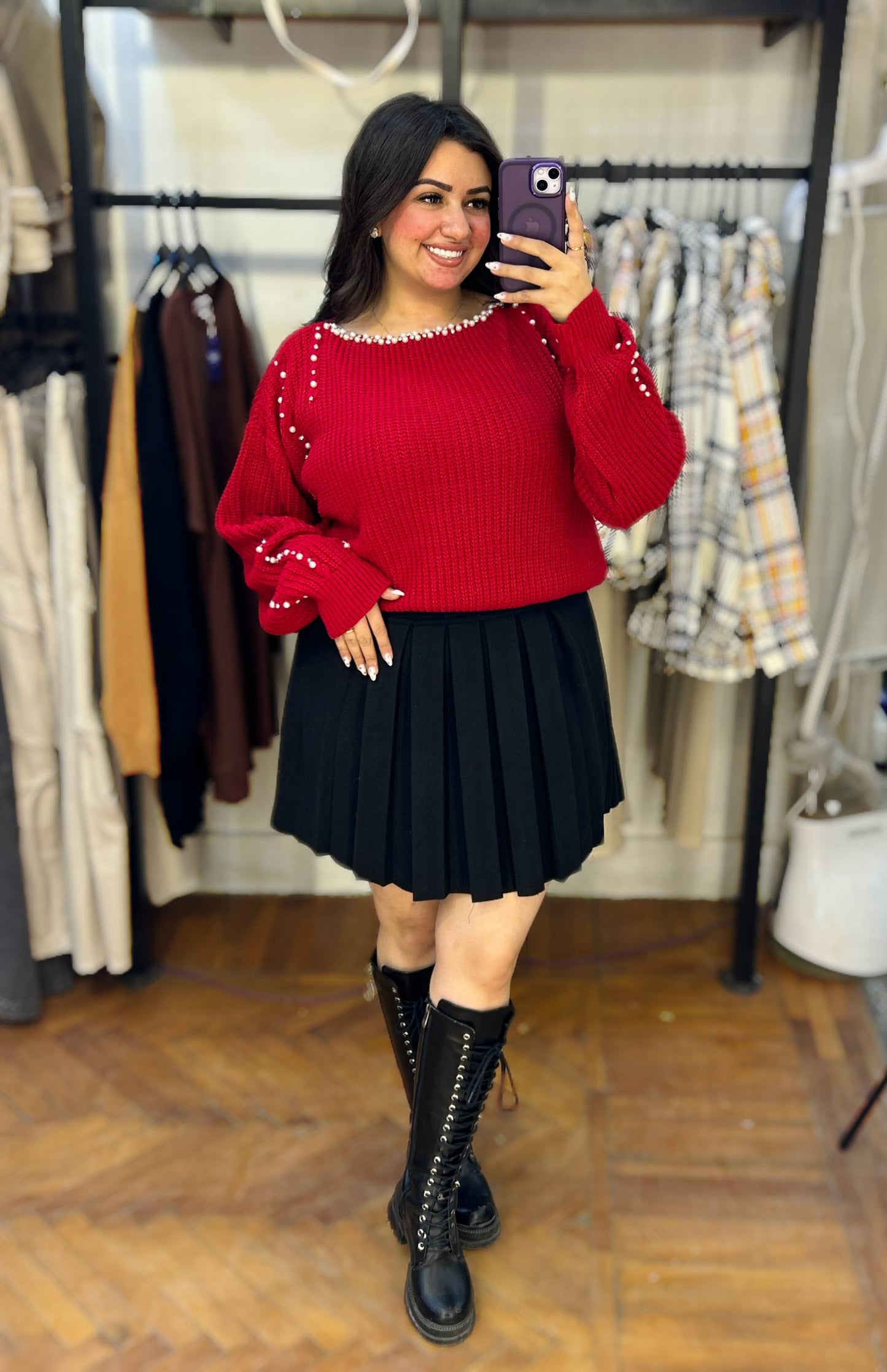 Stylish Knit Top with Stud Embellishments on Neck and Sleeves