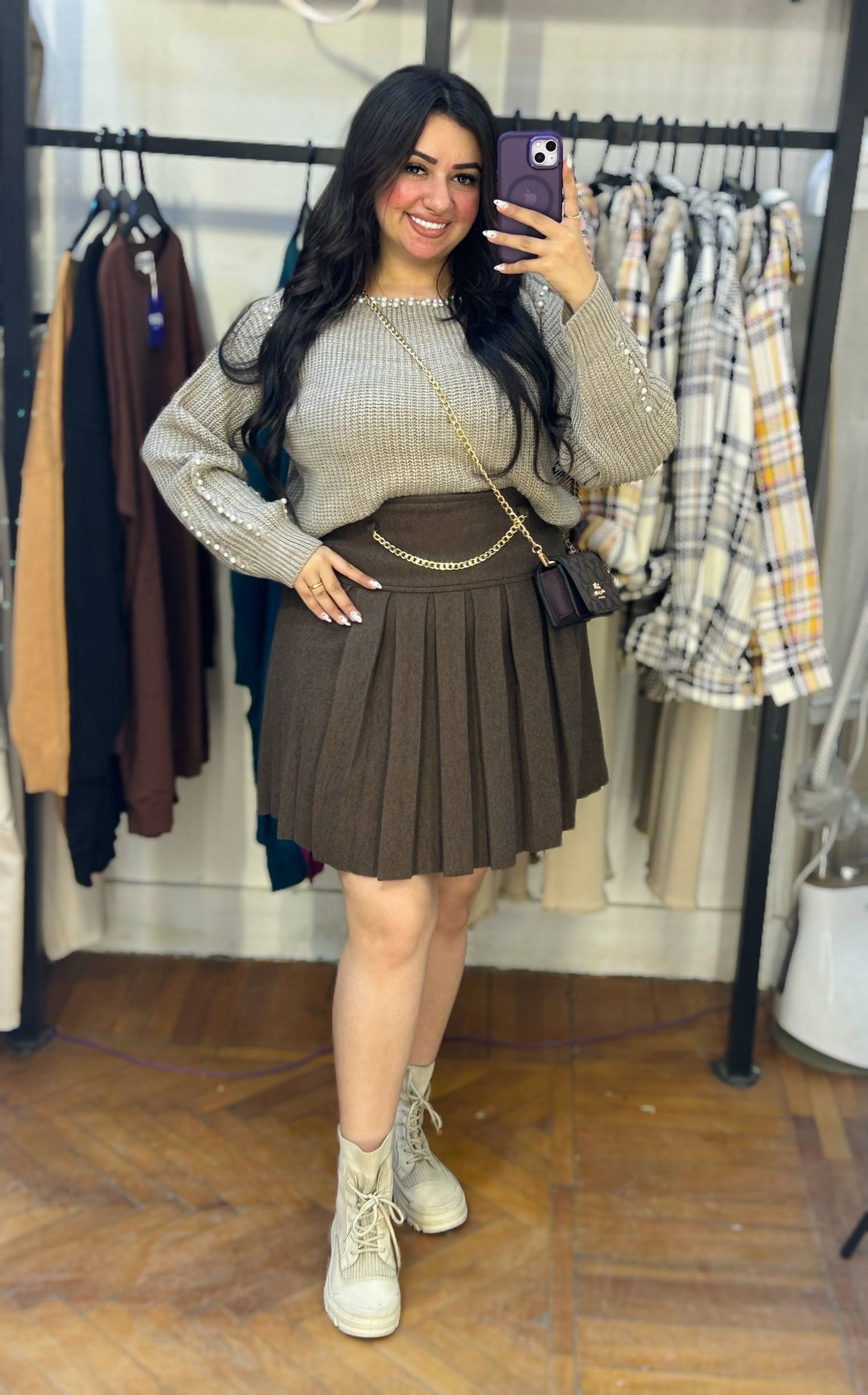 Stylish Knit Top with Stud Embellishments on Neck and Sleeves