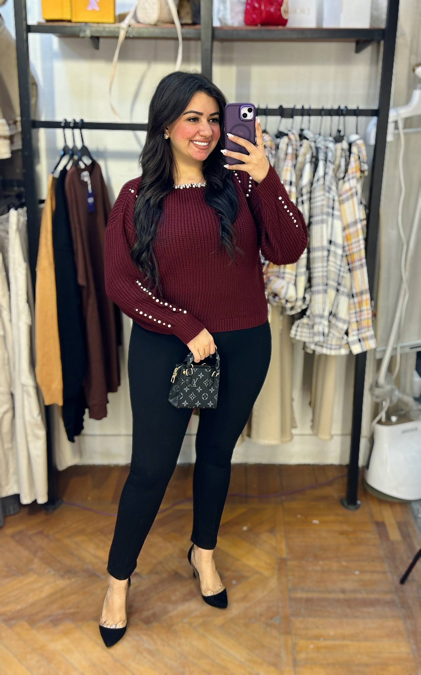 Stylish Knit Top with Stud Embellishments on Neck and Sleeves