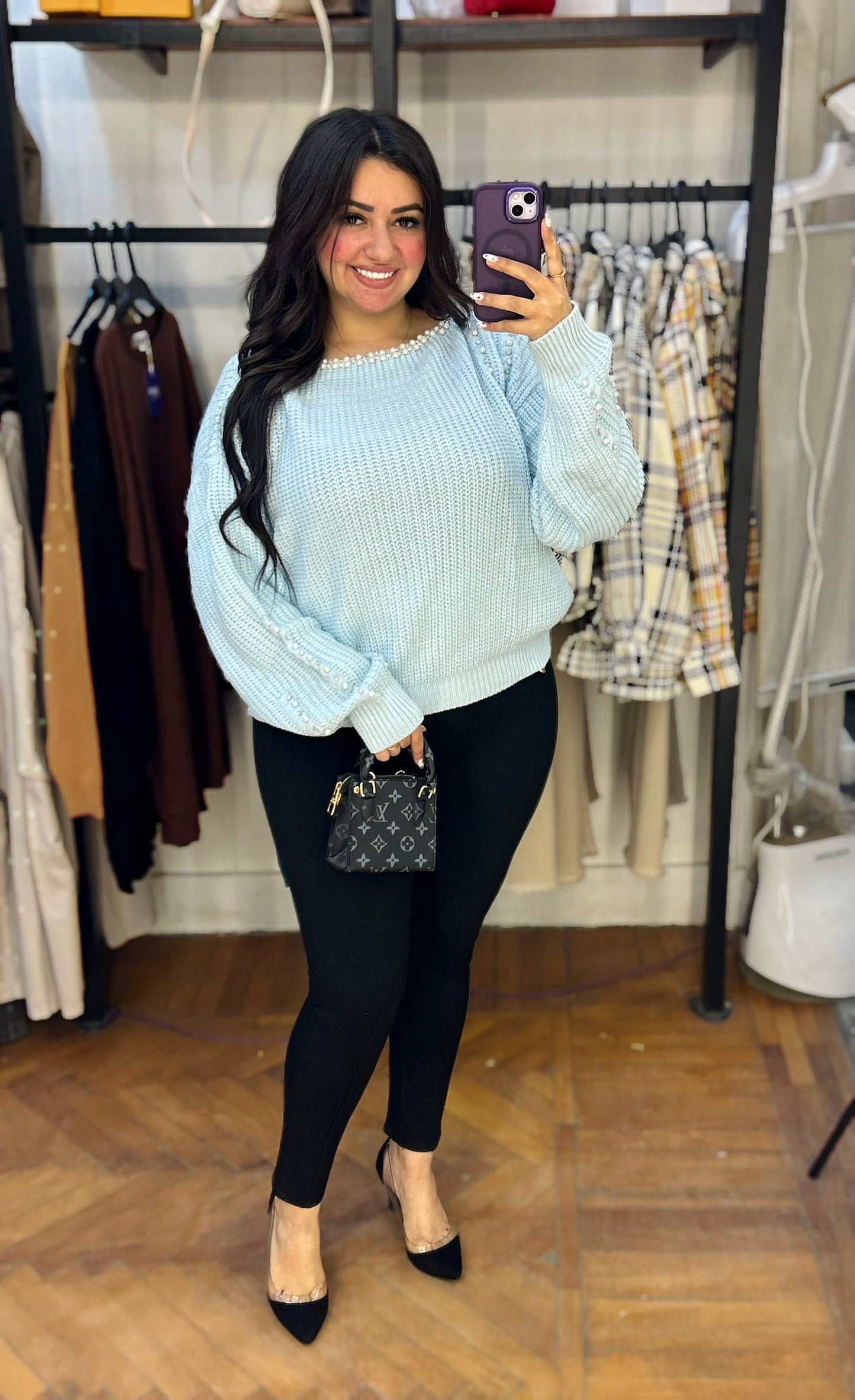 Stylish Knit Top with Stud Embellishments on Neck and Sleeves