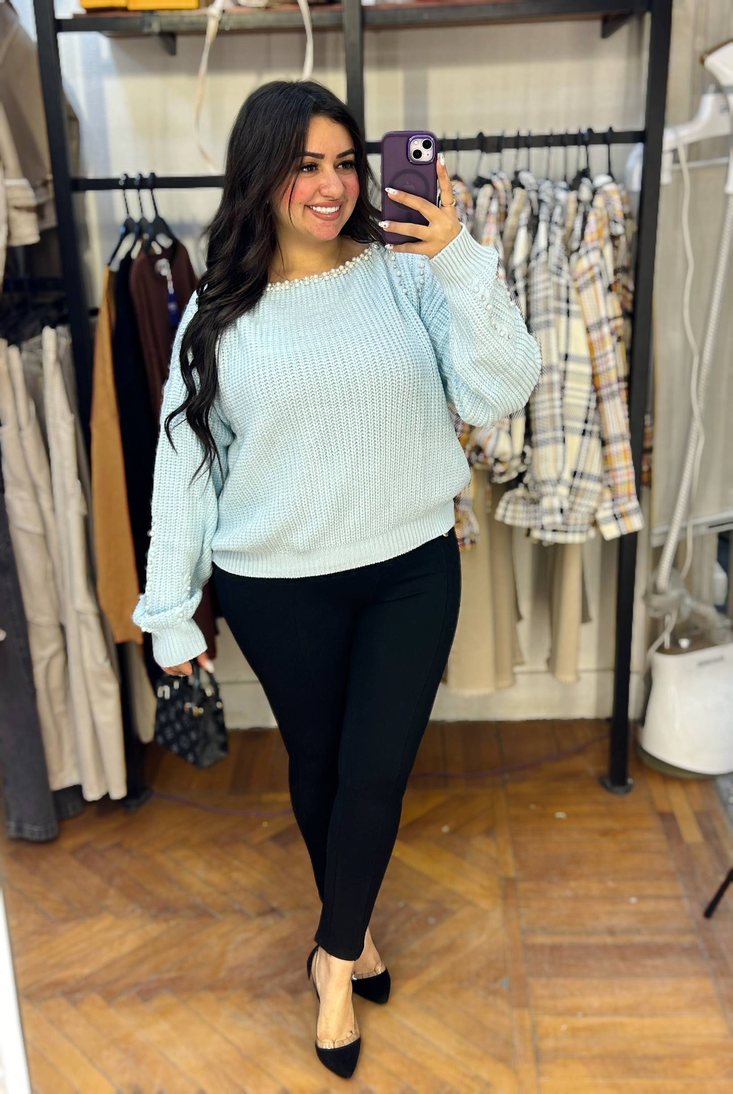 Stylish Knit Top with Stud Embellishments on Neck and Sleeves