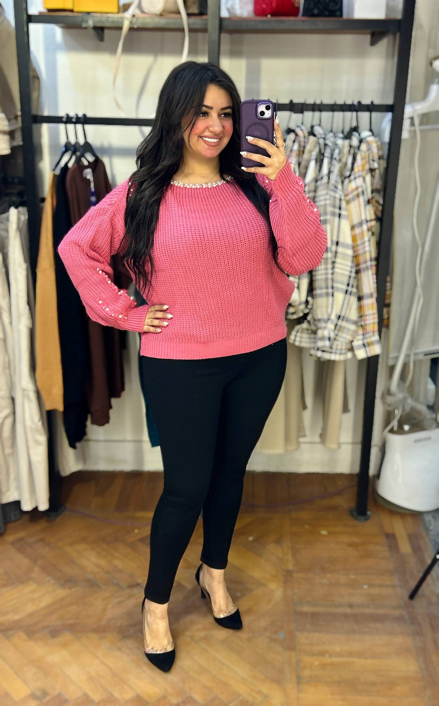 Stylish Knit Top with Stud Embellishments on Neck and Sleeves
