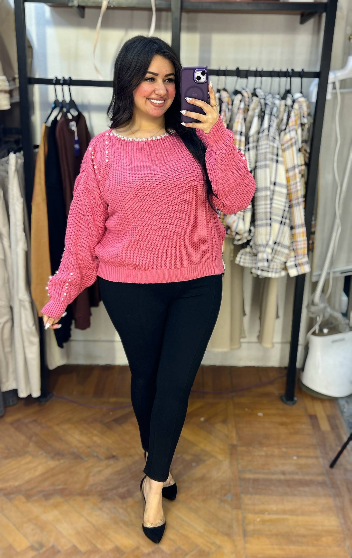 Stylish Knit Top with Stud Embellishments on Neck and Sleeves
