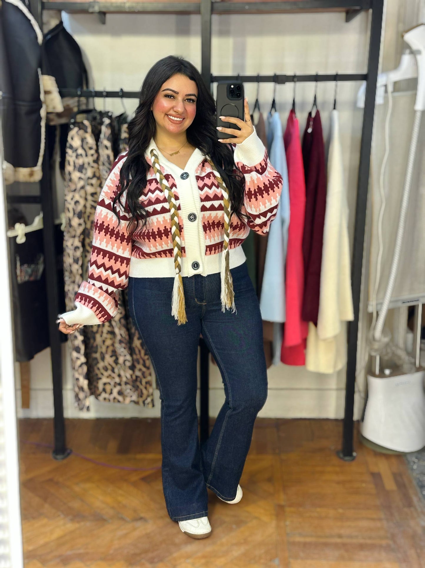 Patterned Knitted Button-Up Cardigan
