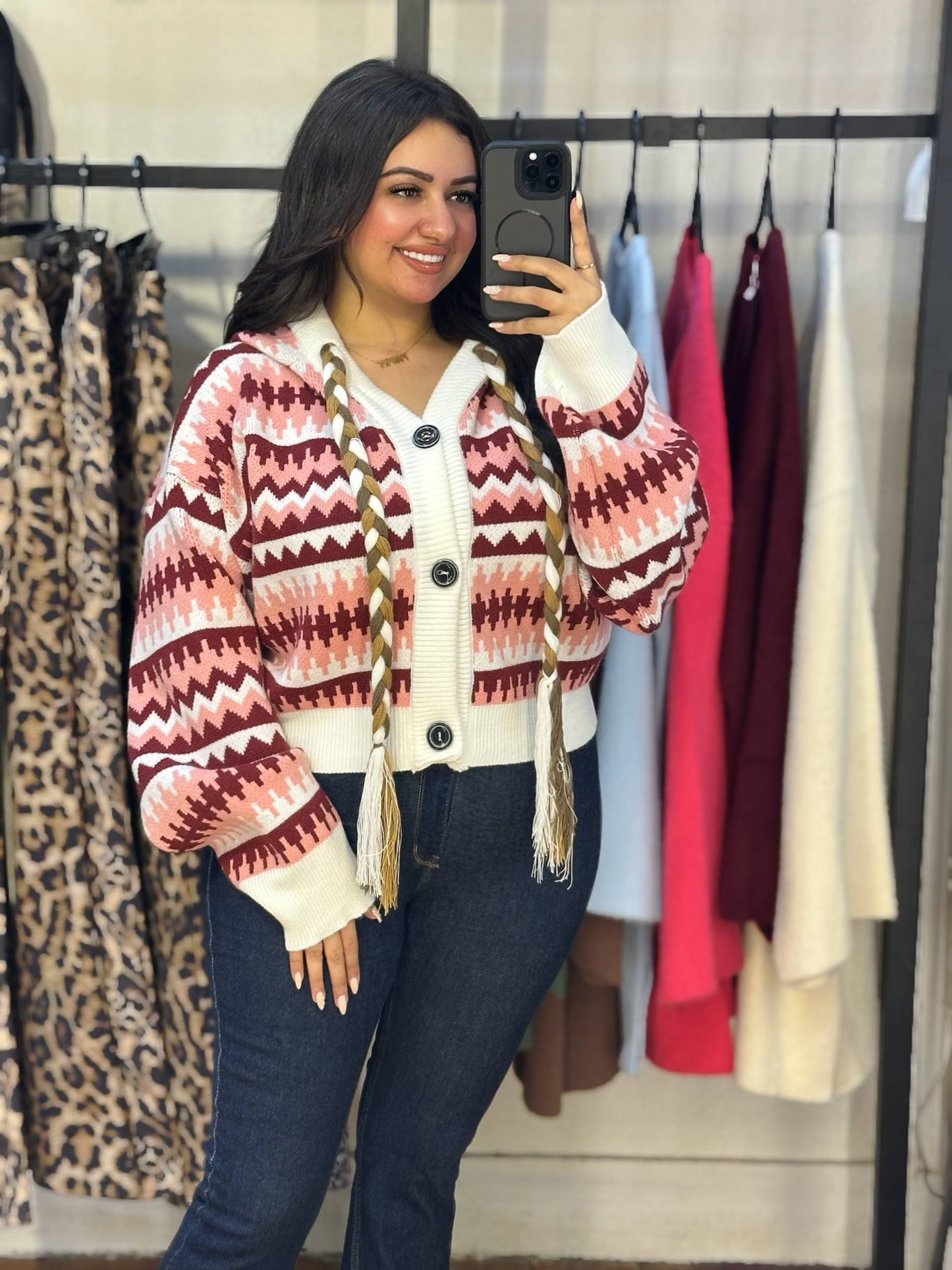 Patterned Knitted Button-Up Cardigan