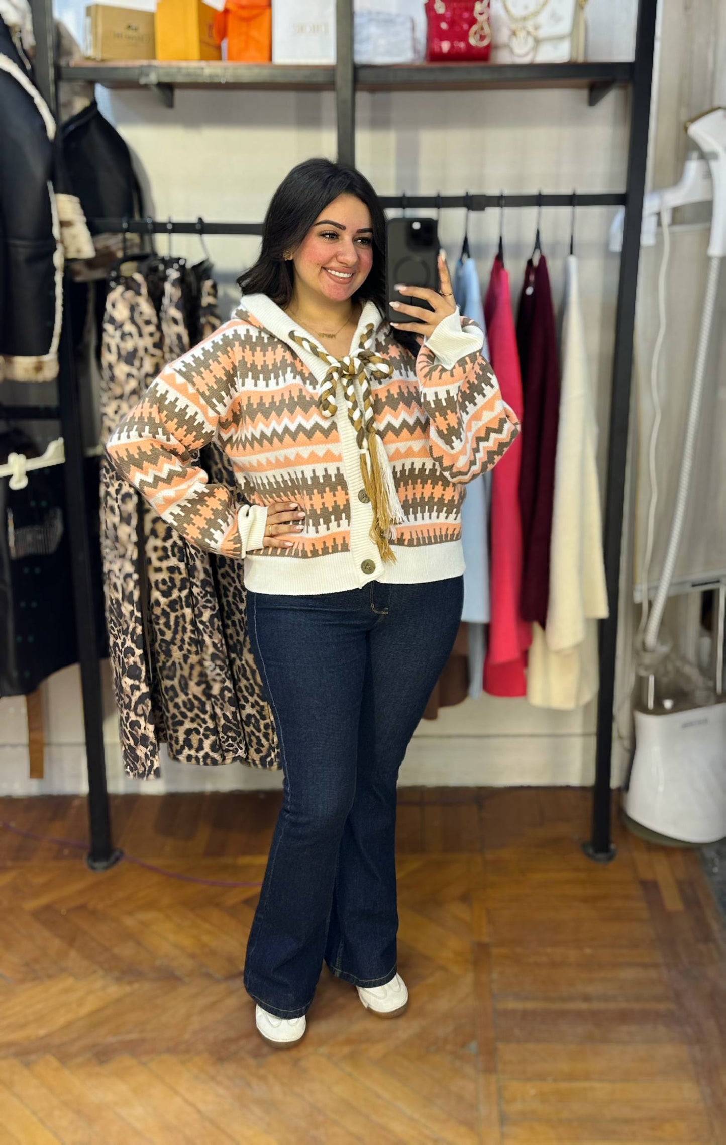 Patterned Knitted Button-Up Cardigan