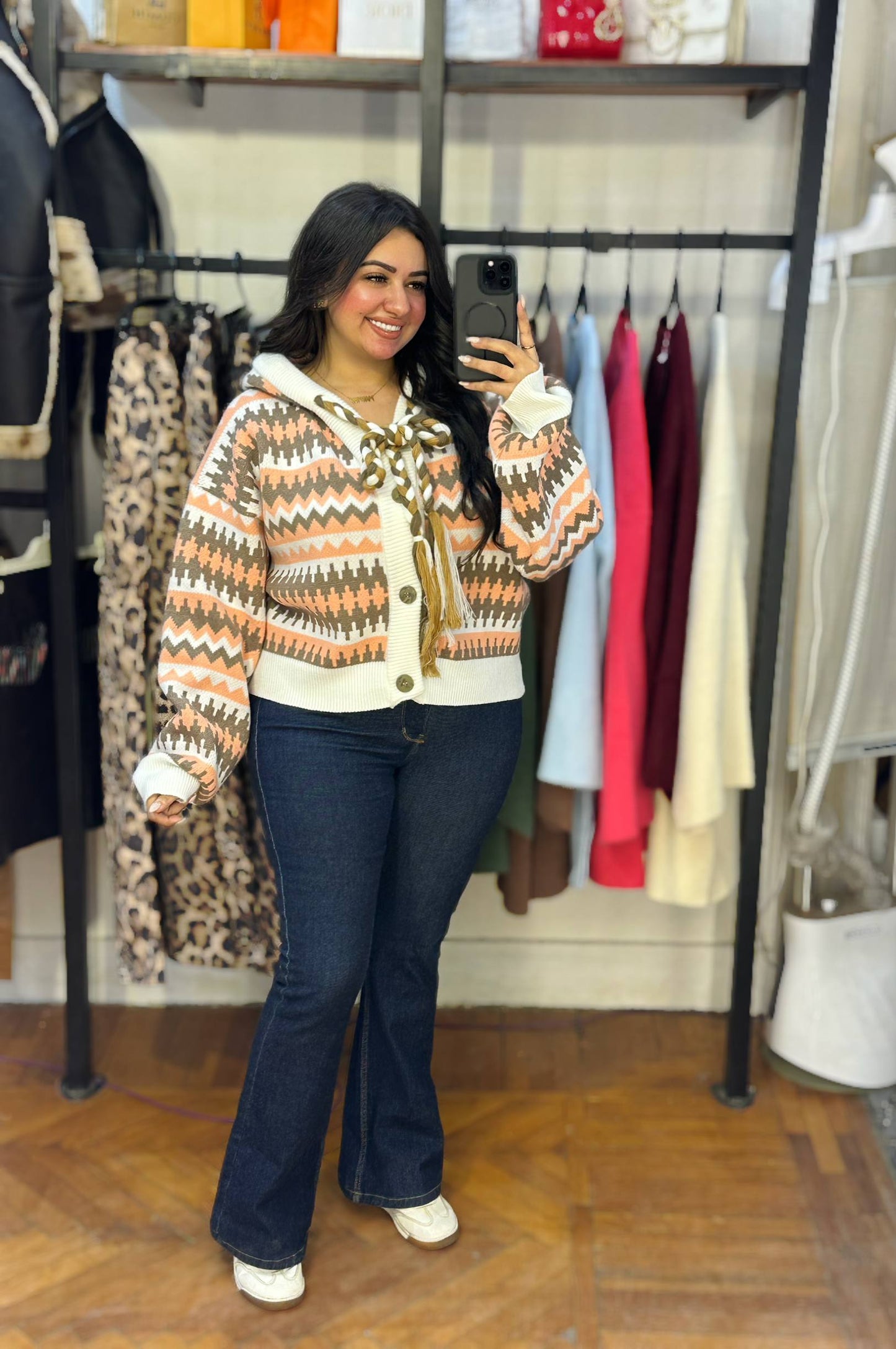 Patterned Knitted Button-Up Cardigan