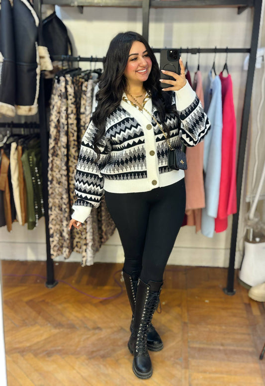 Patterned Knitted Button-Up Cardigan