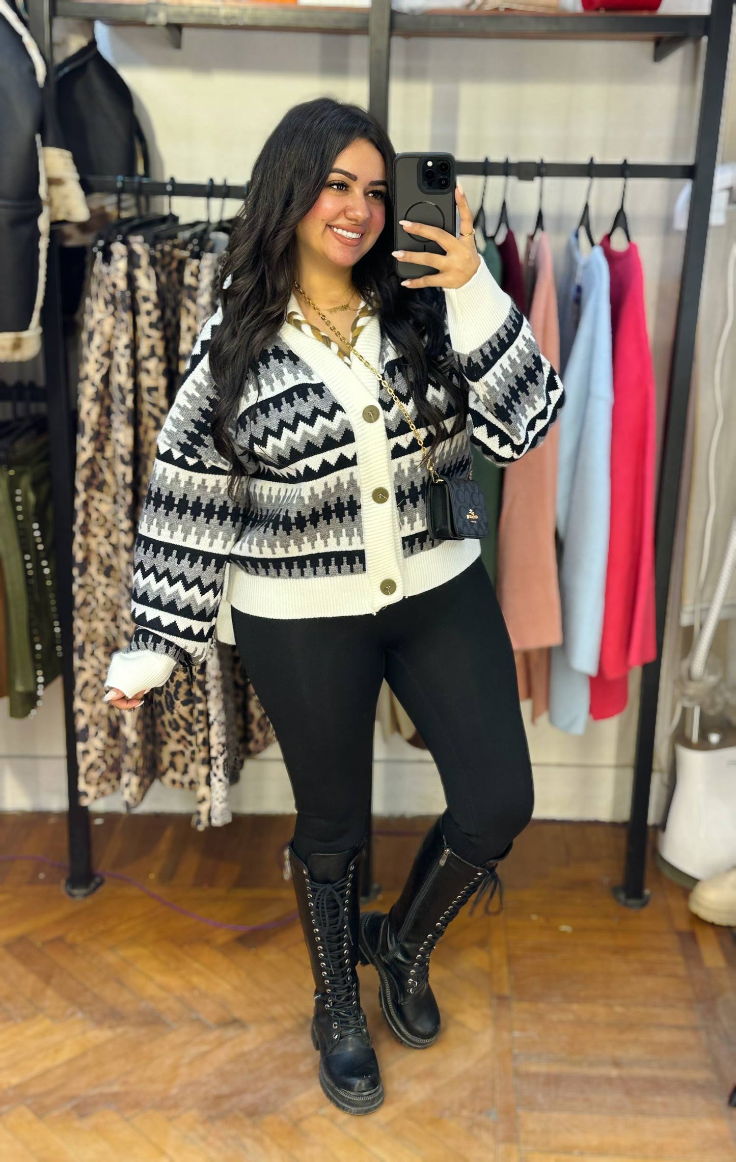 Patterned Knitted Button-Up Cardigan