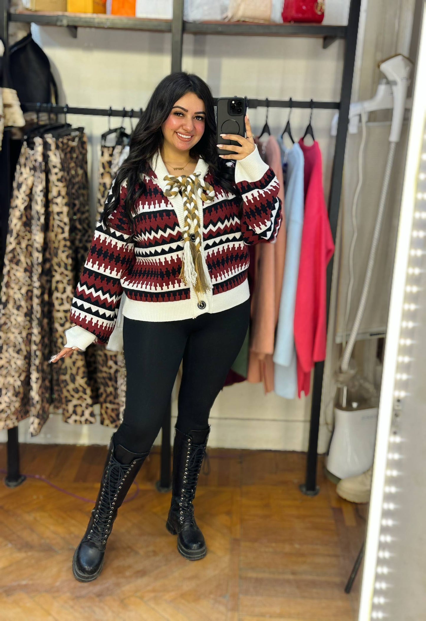 Patterned Knitted Button-Up Cardigan