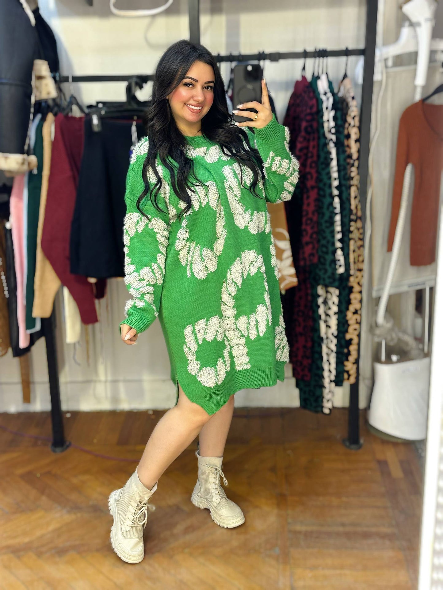 Oversized Knit Dress with Bold Floral Pattern
