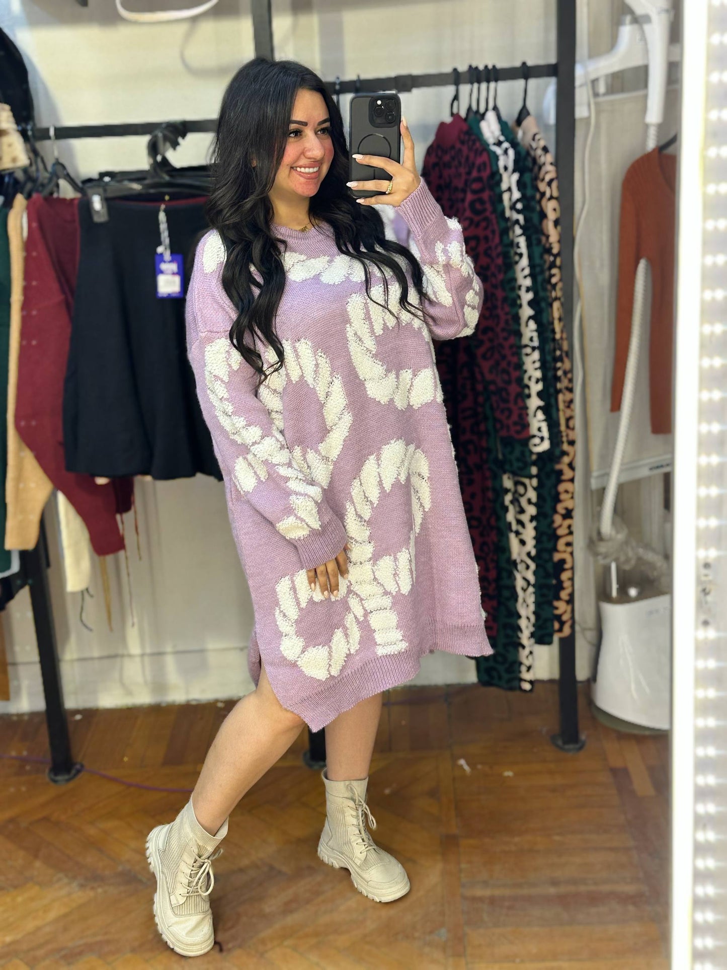 Oversized Knit Dress with Bold Floral Pattern