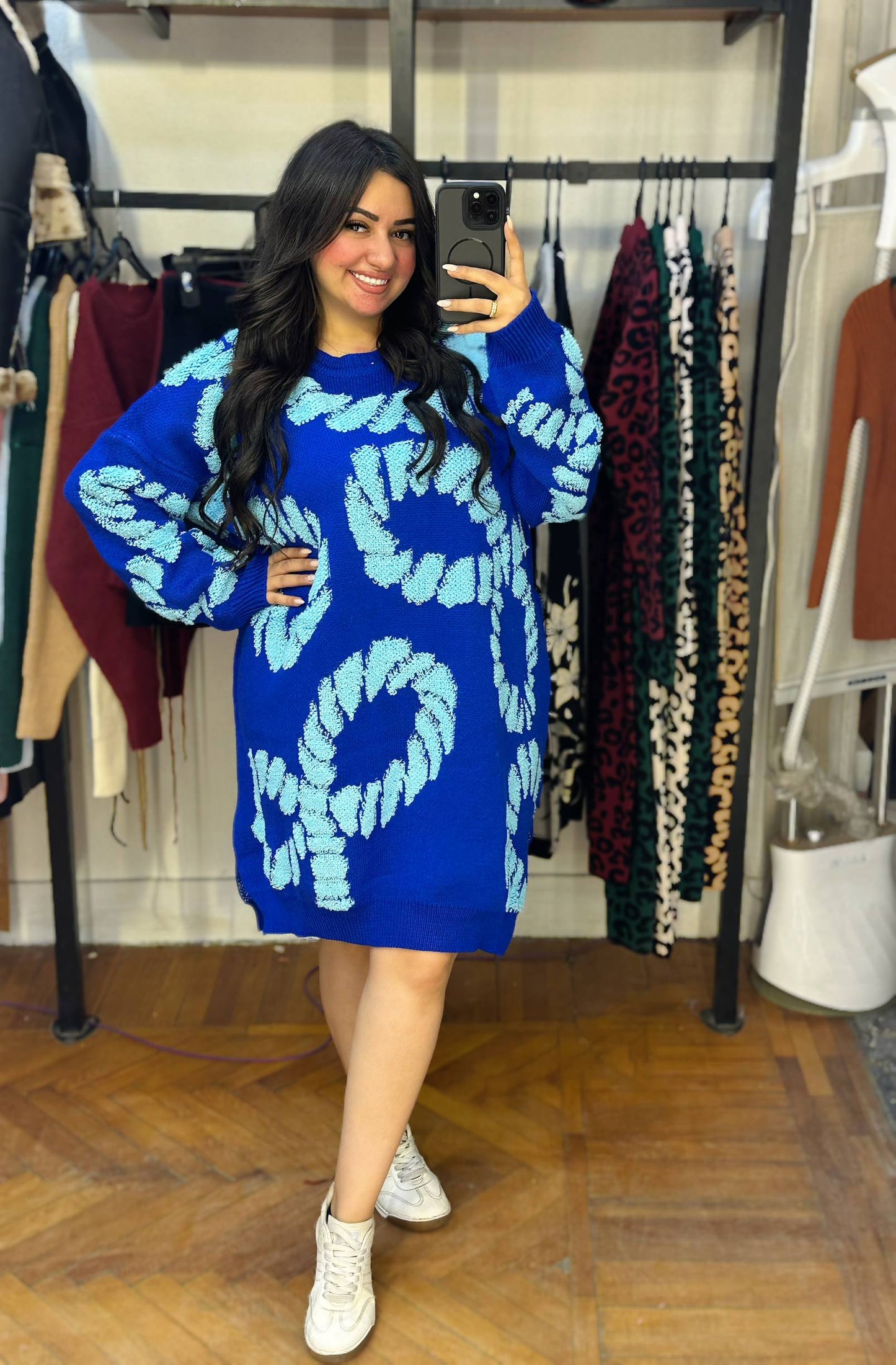 Oversized Knit Dress with Bold Floral Pattern