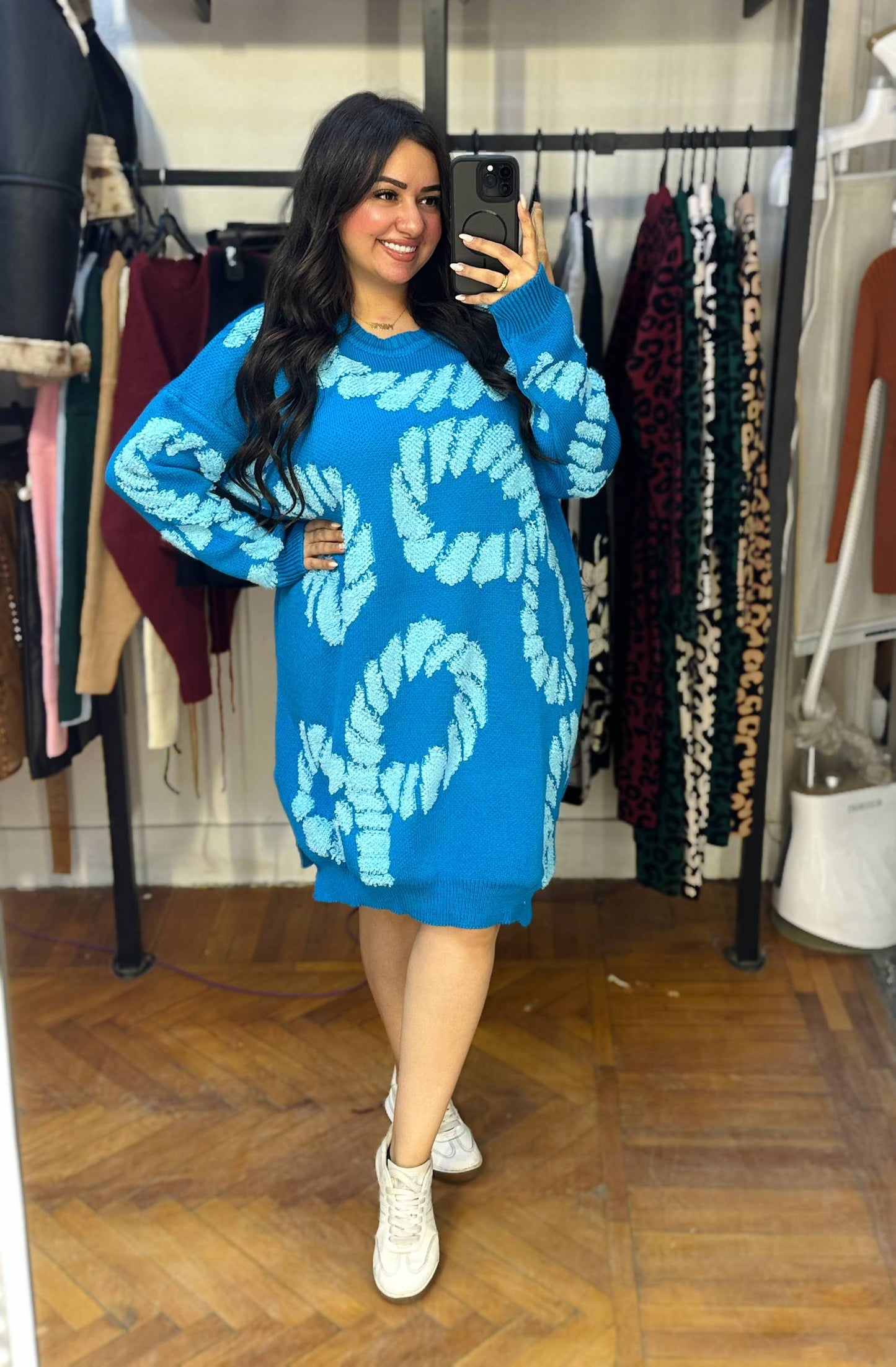 Oversized Knit Dress with Bold Floral Pattern