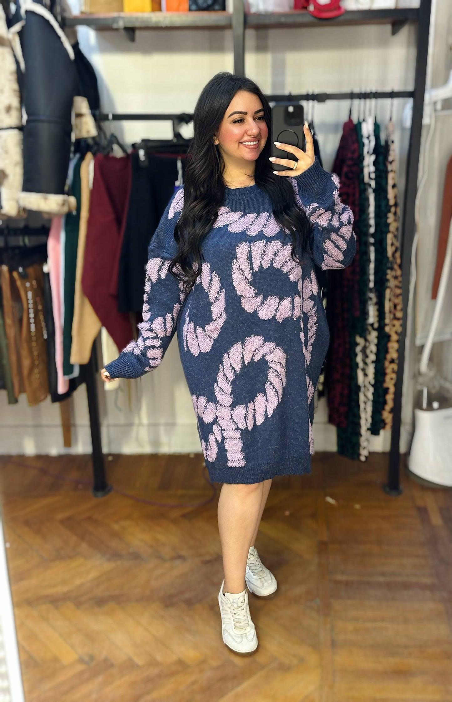 Oversized Knit Dress with Bold Floral Pattern