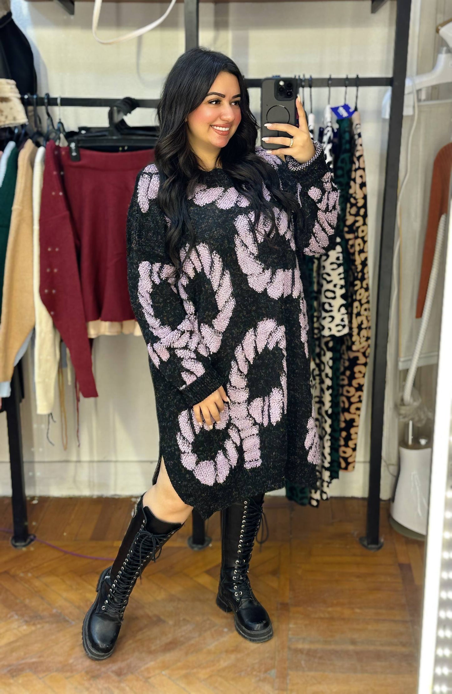 Oversized Knit Dress with Bold Floral Pattern