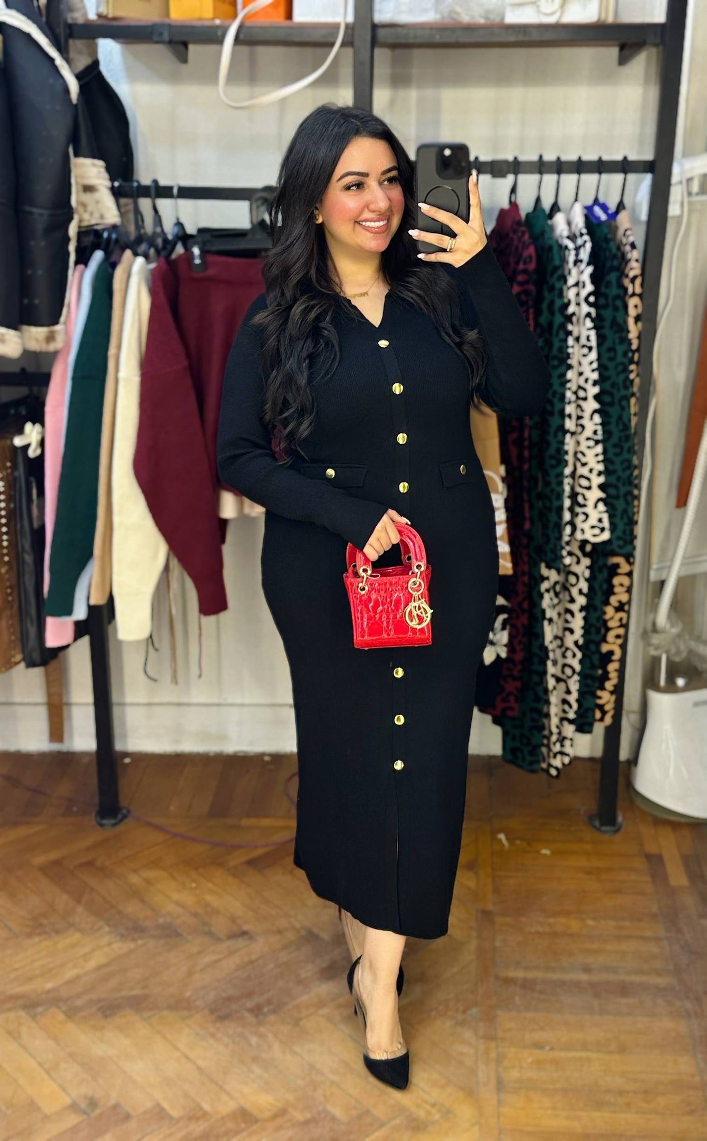 Ribbed Knit Midi Dress with Gold Buttons