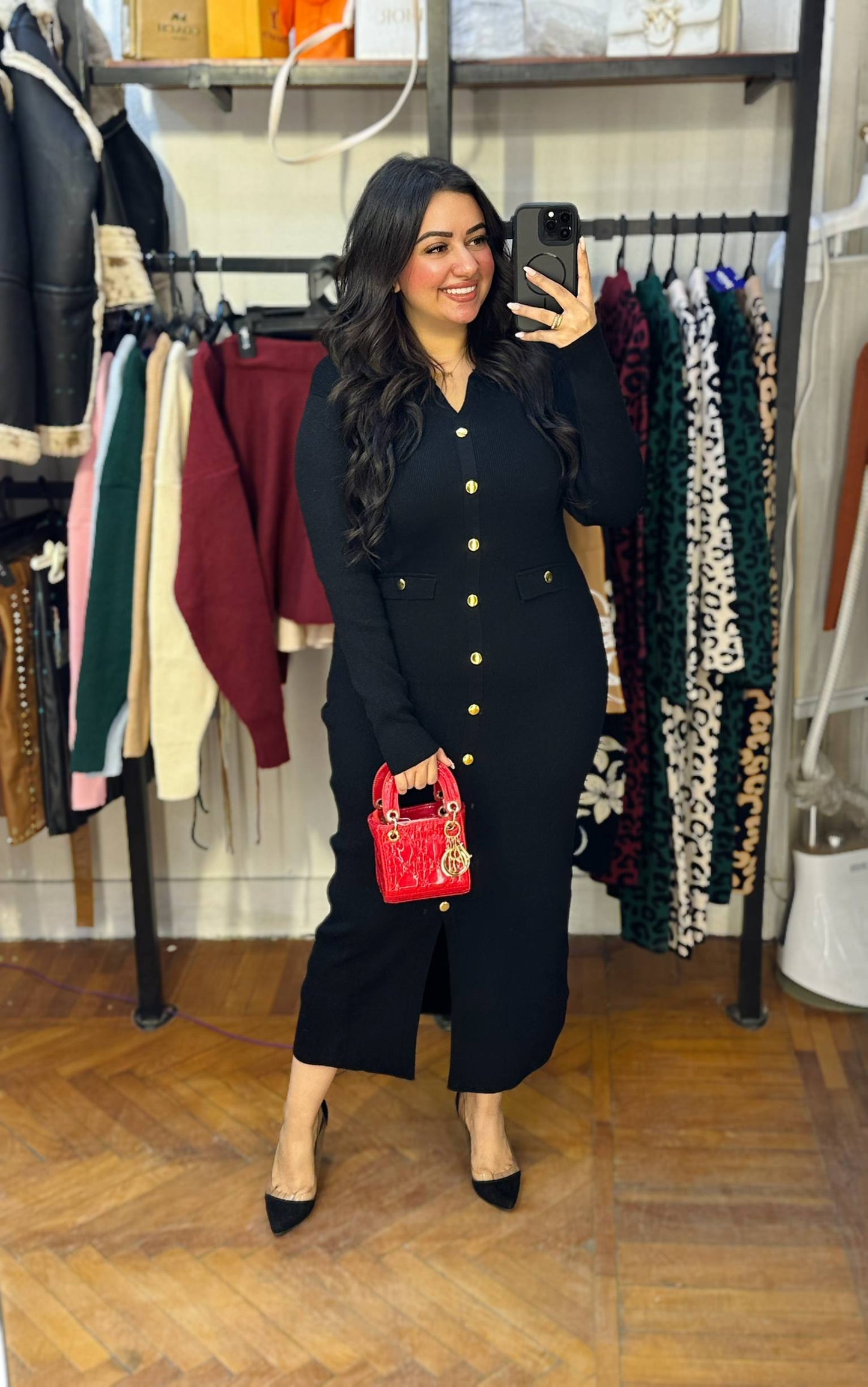 Ribbed Knit Midi Dress with Gold Buttons