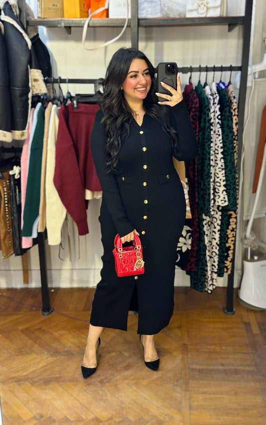 Ribbed Knit Midi Dress with Gold Buttons