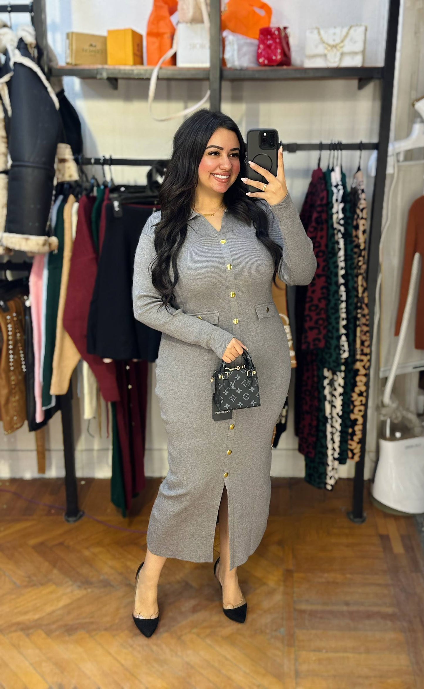 Ribbed Knit Midi Dress with Gold Buttons