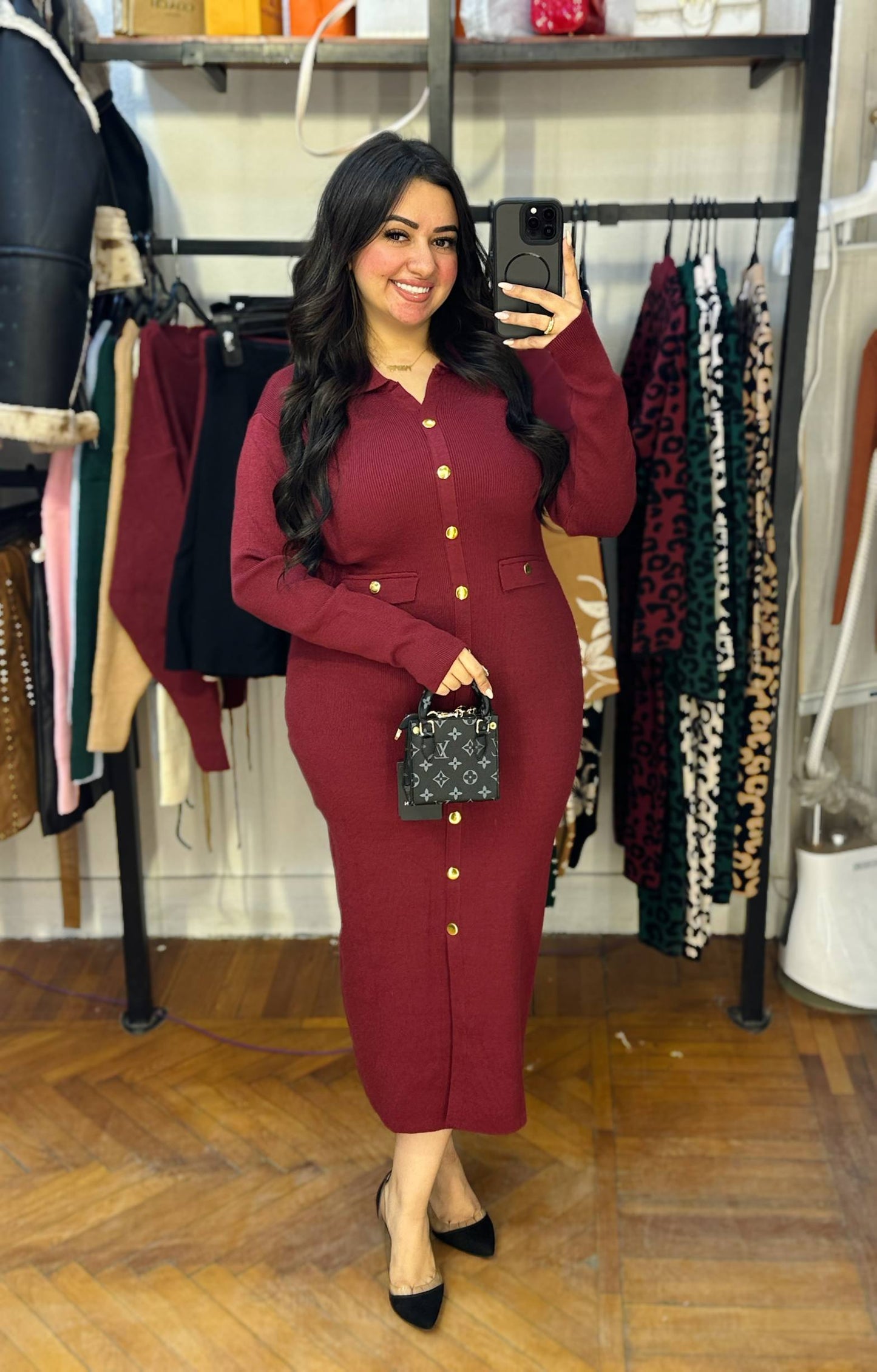 Ribbed Knit Midi Dress with Gold Buttons