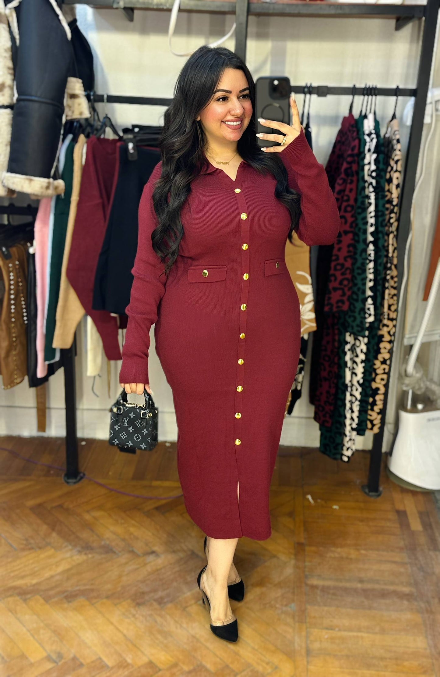 Ribbed Knit Midi Dress with Gold Buttons