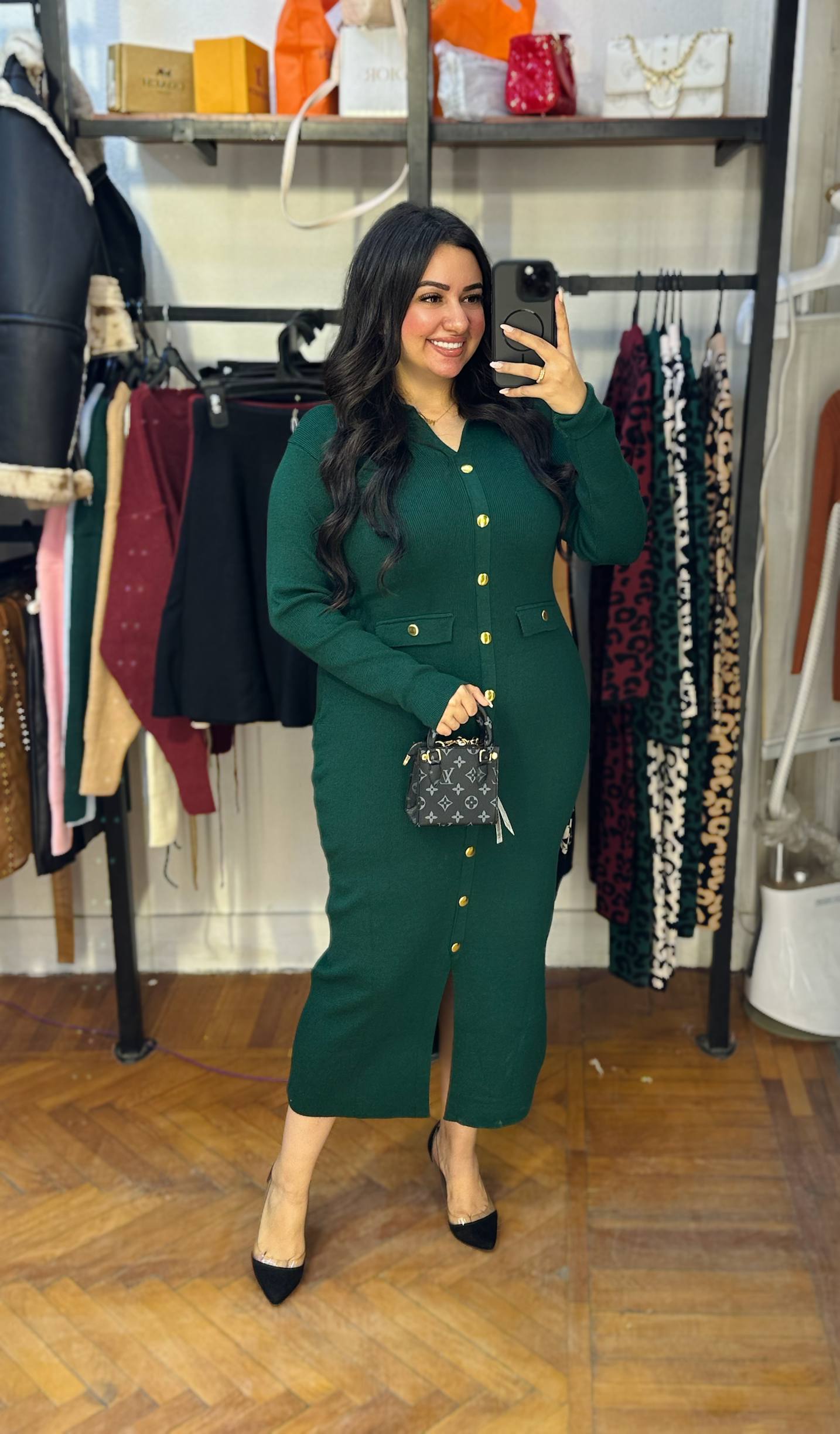 Ribbed Knit Midi Dress with Gold Buttons
