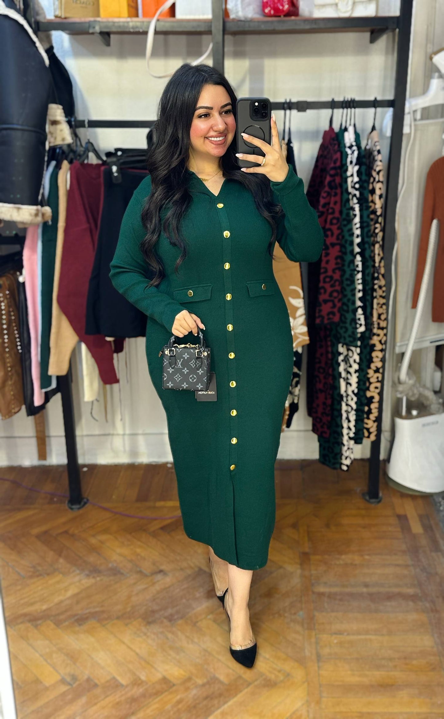 Ribbed Knit Midi Dress with Gold Buttons