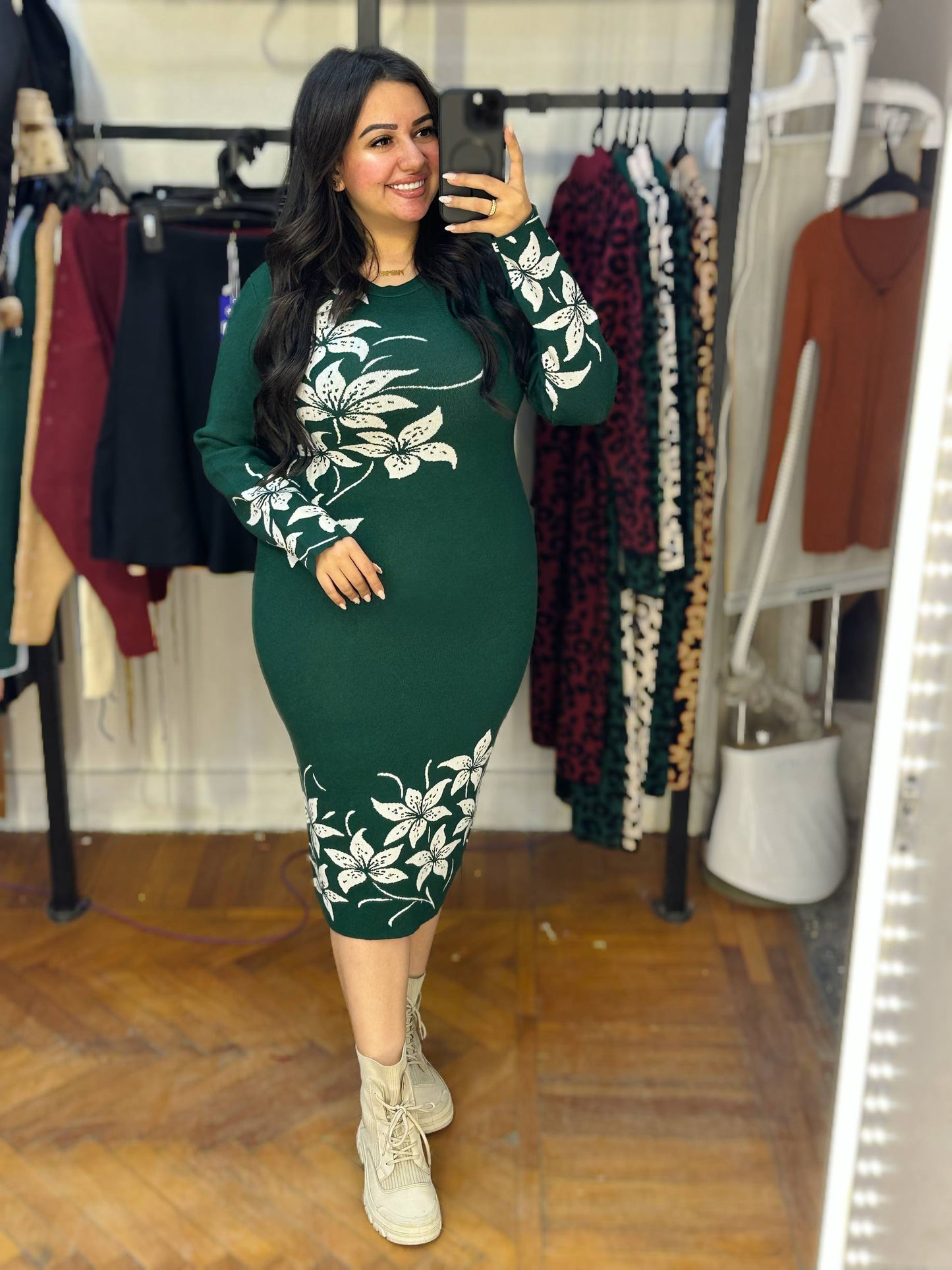 Mini Knit Dress with Floral Motif