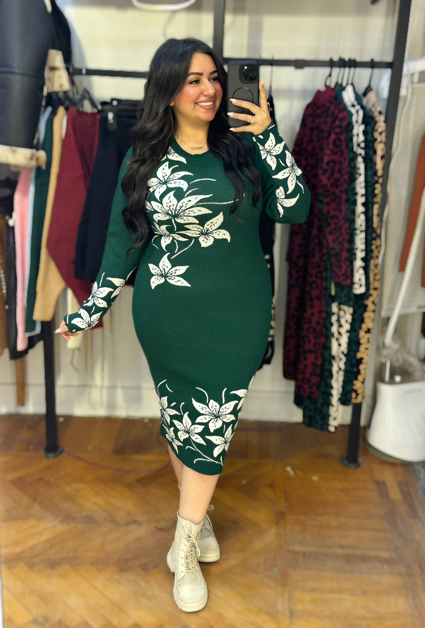 Mini Knit Dress with Floral Motif